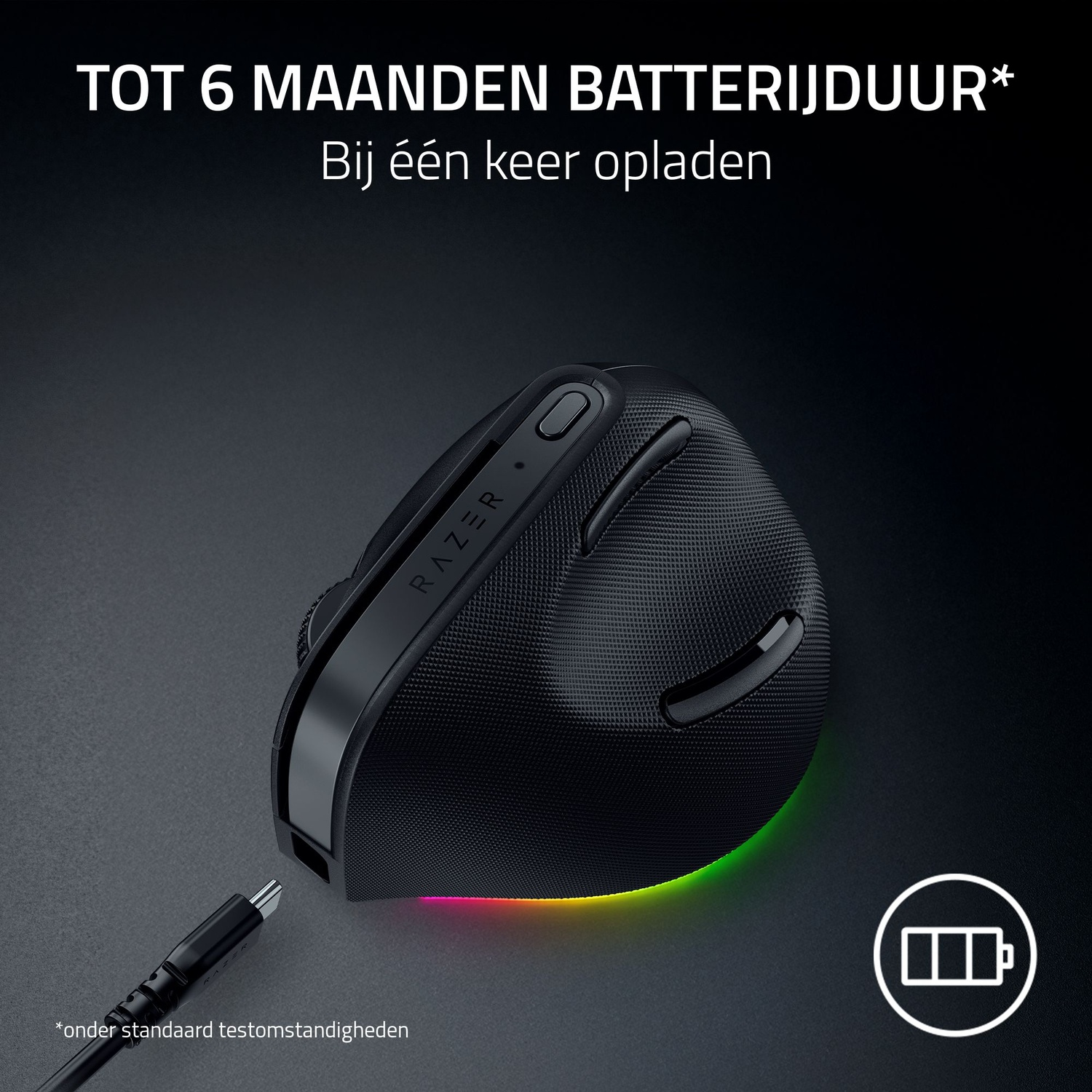 A black Razer mouse is connected with a charging cable. Text indicates up to 6 months of battery life. The mouse has RGB lighting.
