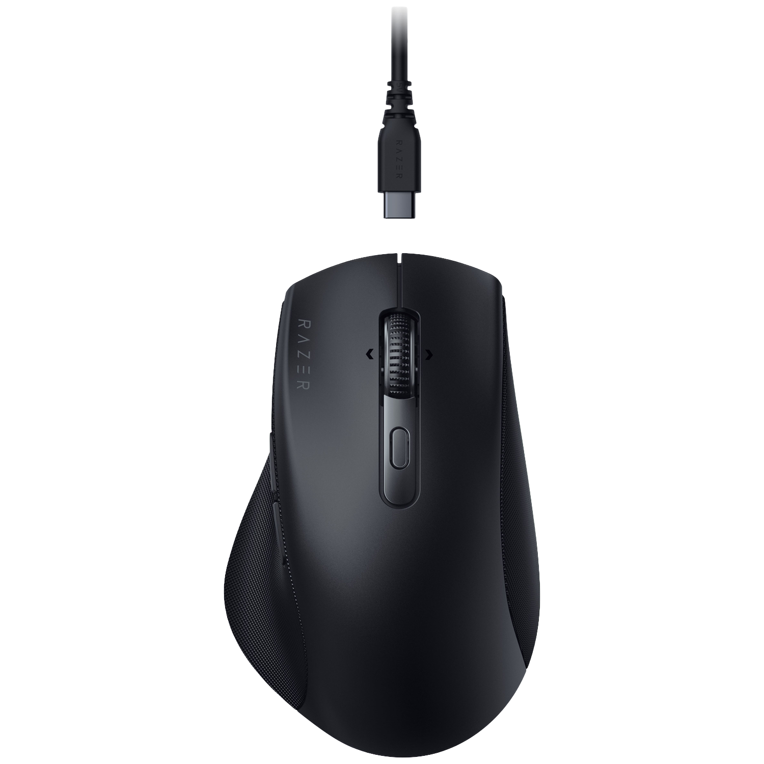 Souris de jeu Razer noire avec câble USB-C connecté, centrée sur fond blanc. La souris a une molette et des boutons latéraux.