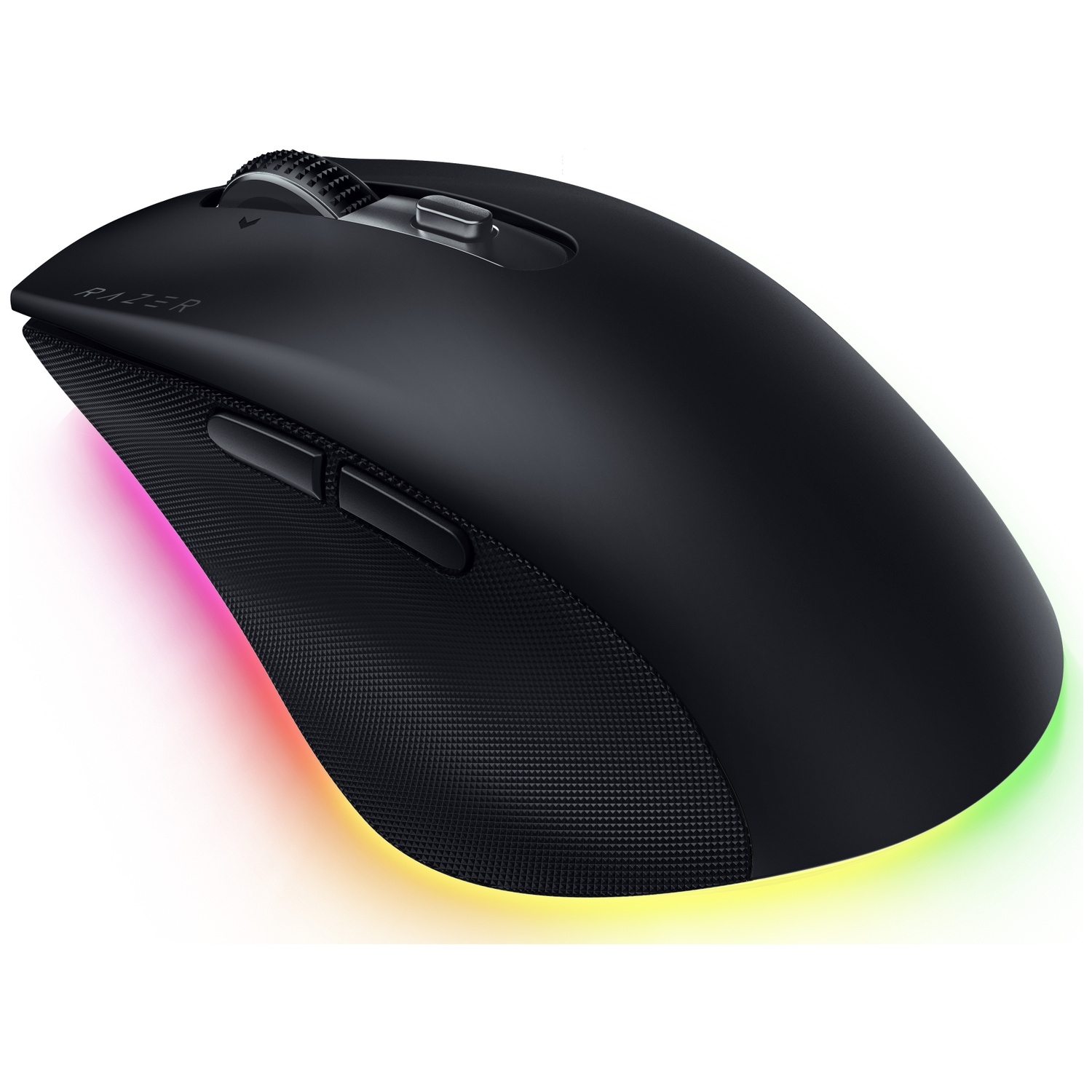 Souris de jeu noire avec côté texturé et base RVB lumineuse. Comprend des boutons, une molette et le mot "RAZER".