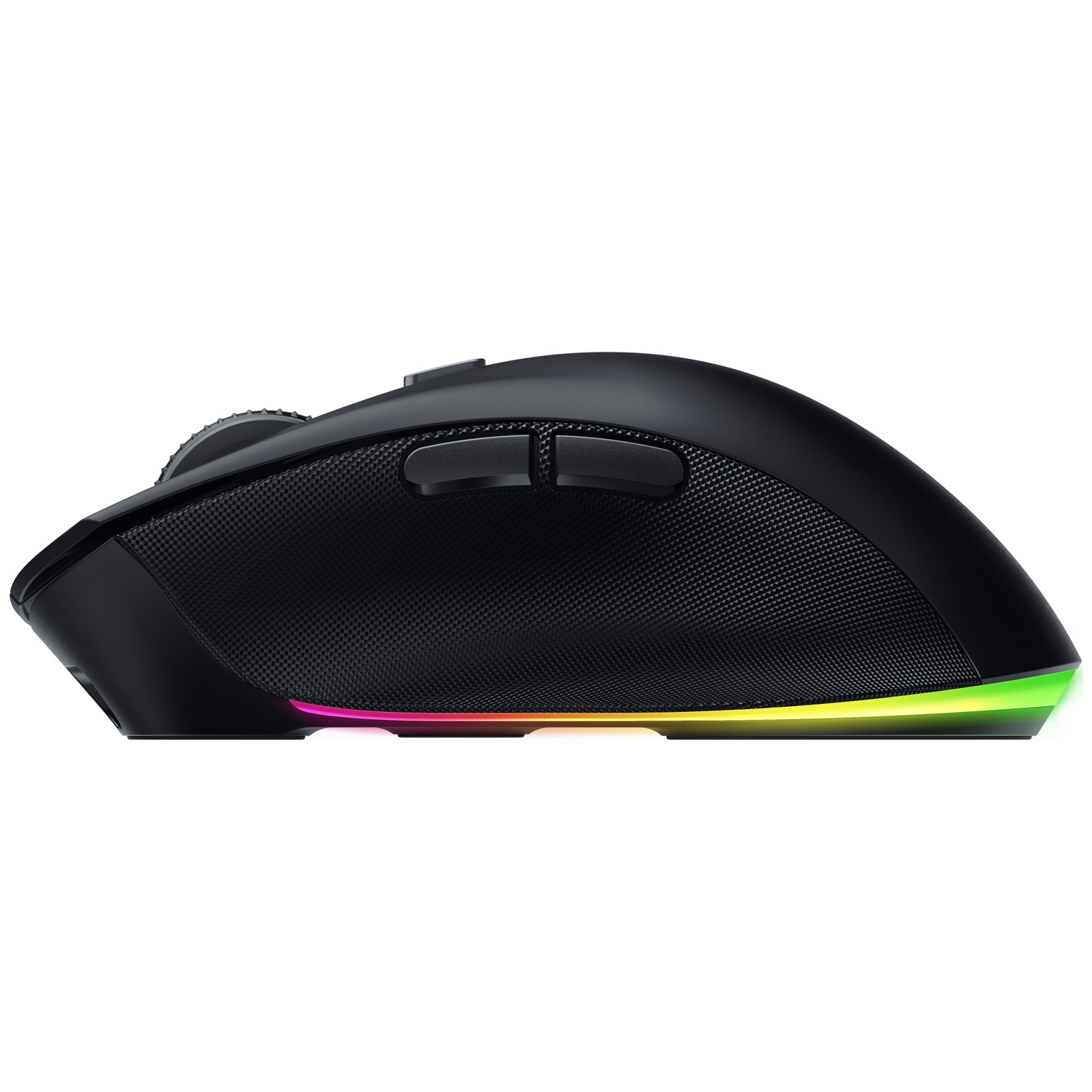 Vue latérale d'une souris de jeu noire avec une prise texturée. Elle possède deux boutons et une molette. Le bas a un éclairage RVB.