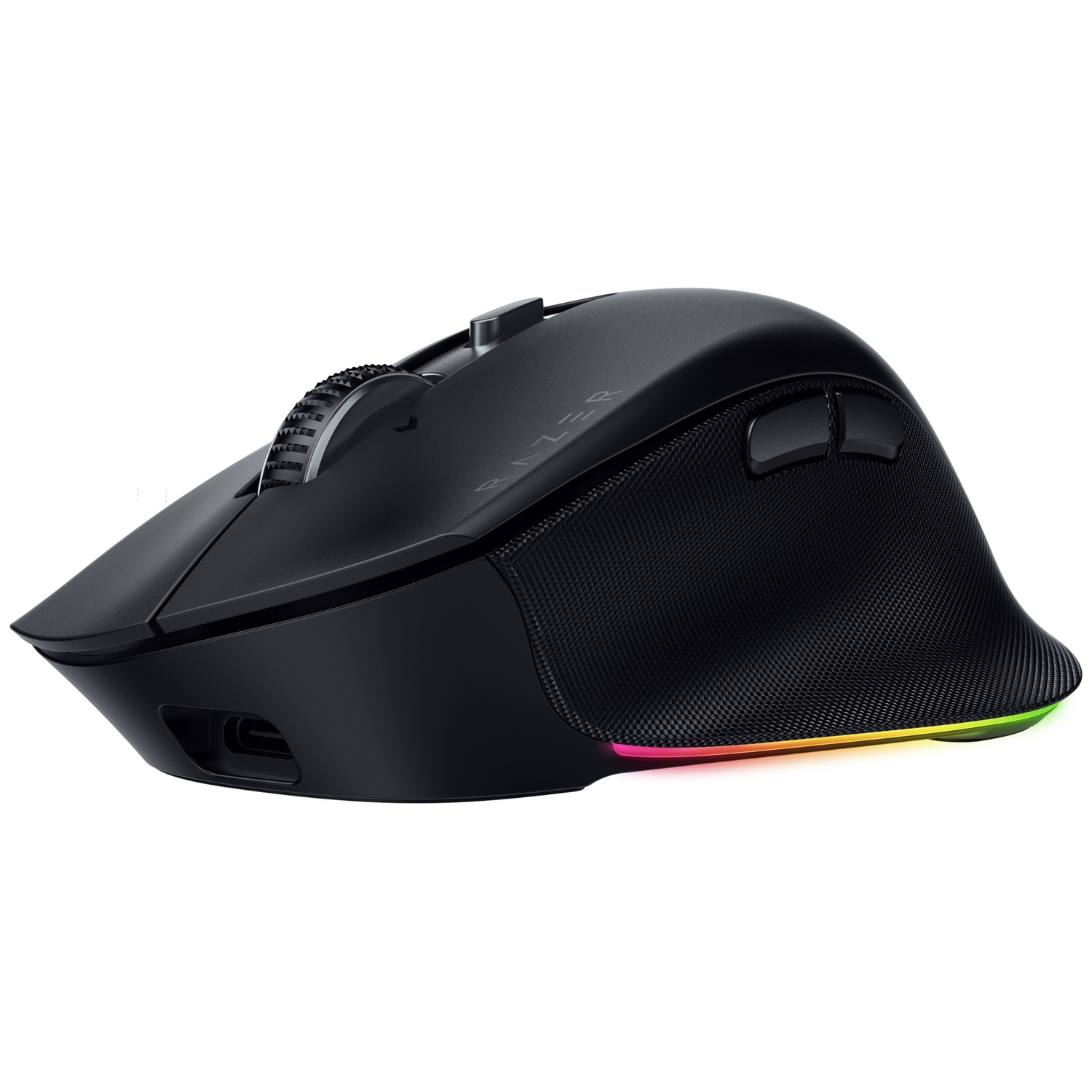 Une souris gaming Razer noire avec une molette, des boutons latéraux et une bande lumineuse colorée en bas.