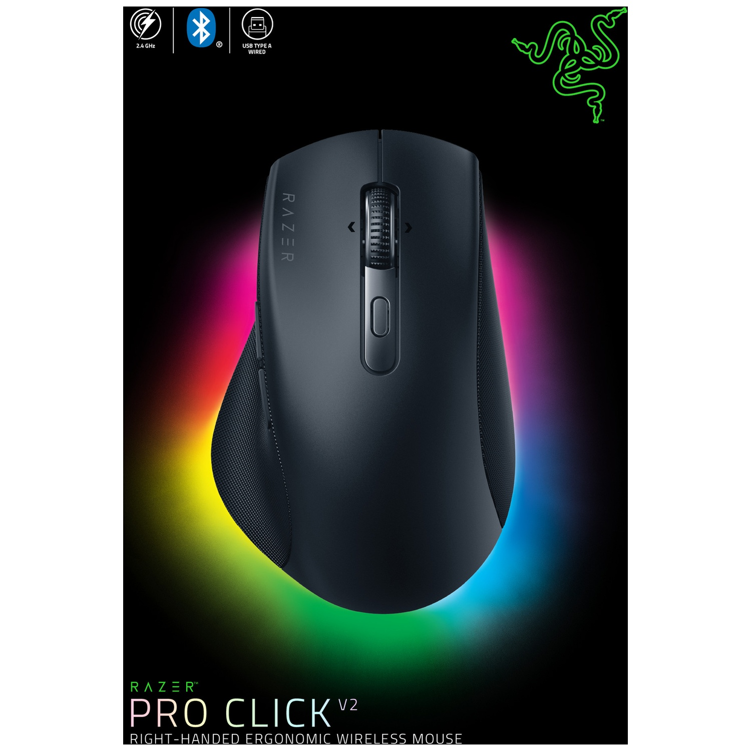 Souris noire Razer Pro Click V2. Elle a une molette et des boutons latéraux. Le fond est noir avec un dégradé arc-en-ciel.