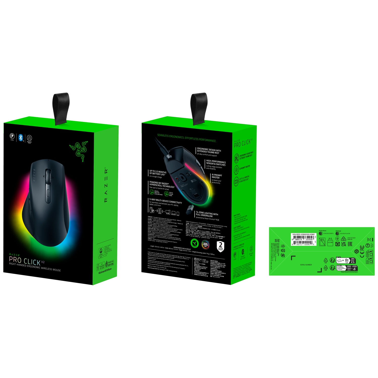 Trois boîtes de souris Razer Pro Click V2. Les boîtes sont vertes et noires, montrant la souris et ses caractéristiques.