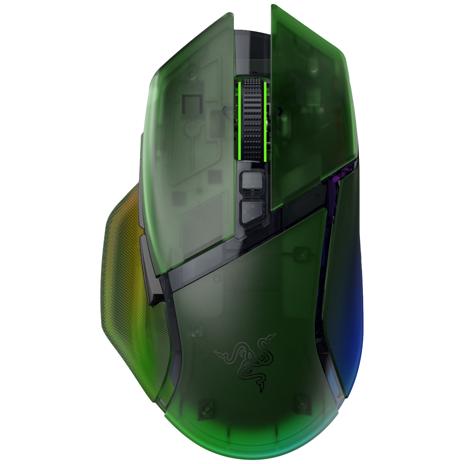 Een transparante groene Razer gaming muis, met zichtbare interne componenten. Het heeft een getextureerde zijkant en een oplichtend scrollwiel.