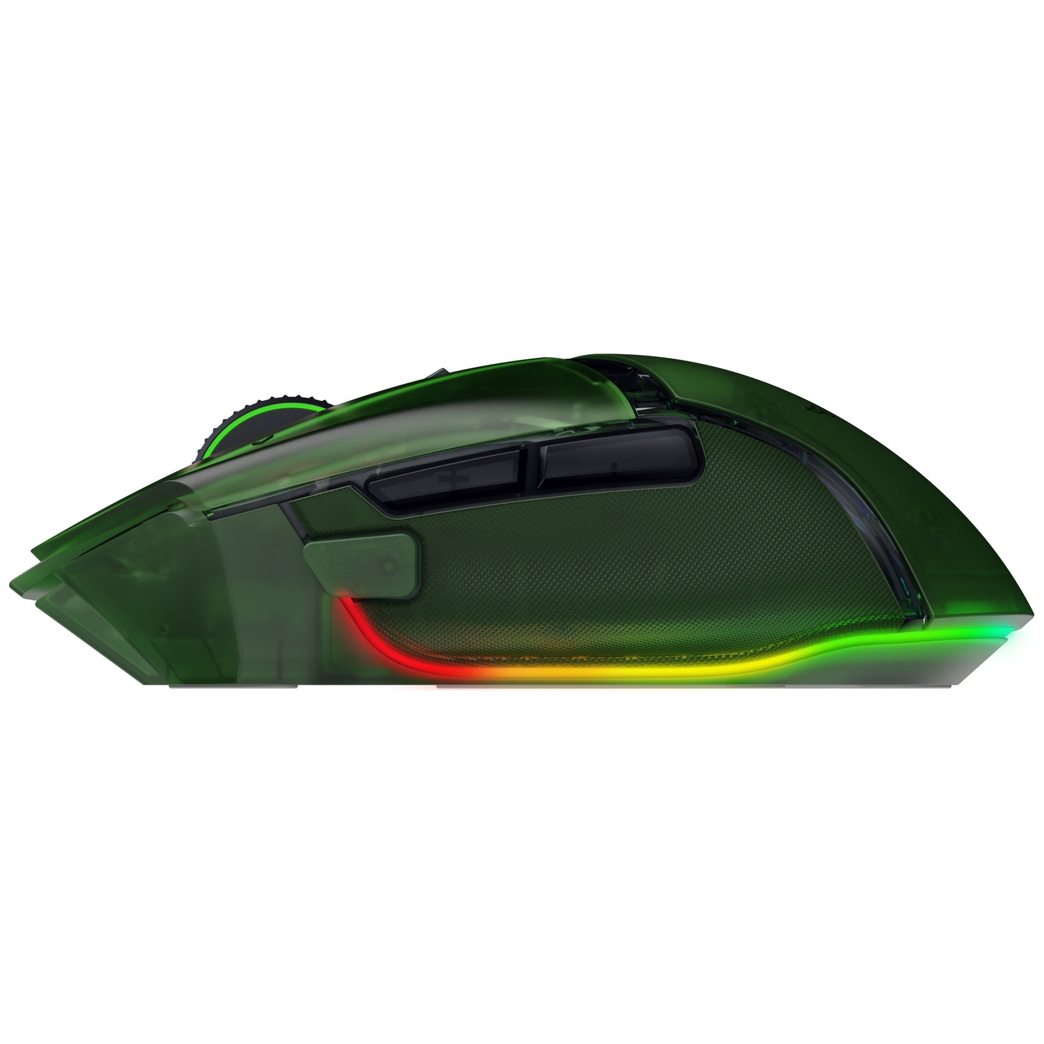 Een groene gamingmuis met een transparante bovenkant, zwarte knoppen en een oplichtende RGB-strip aan de onderkant. De achtergrond is wit.