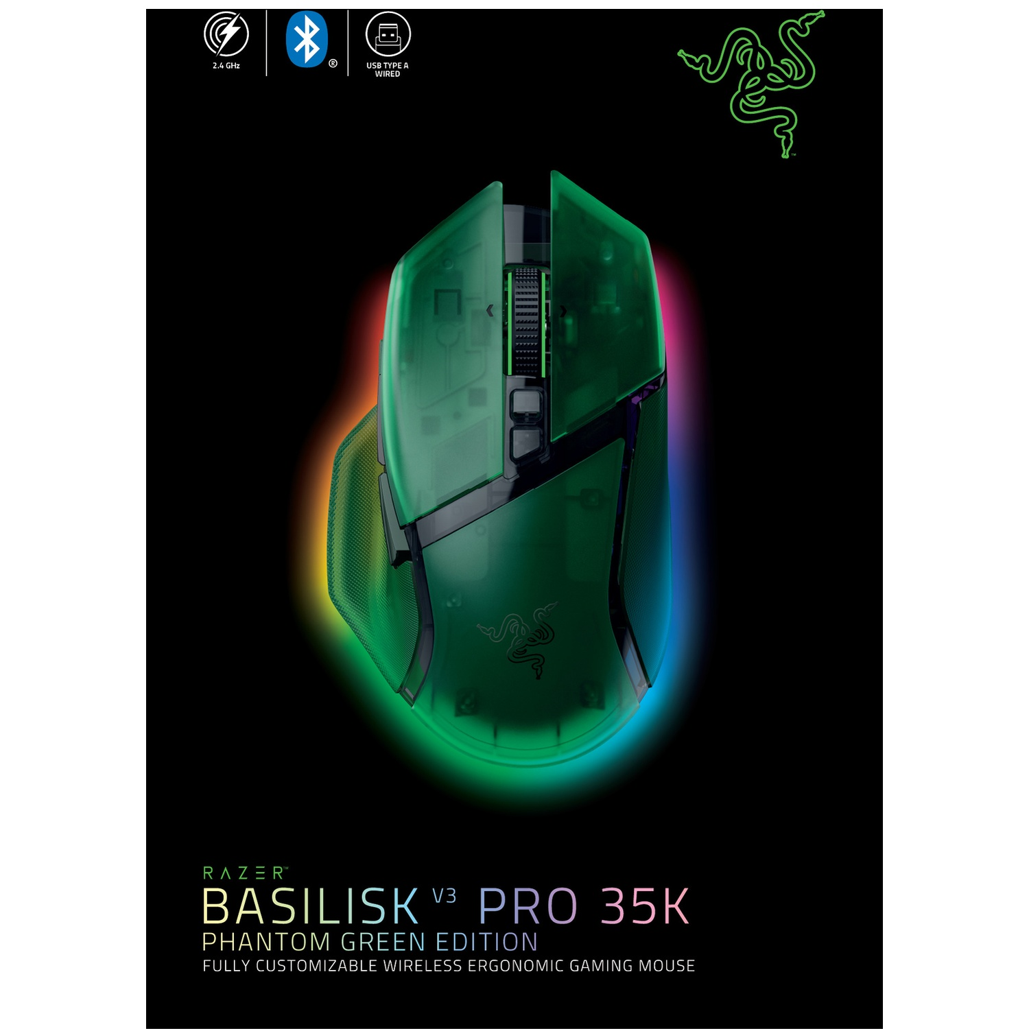 Een Razer Basilisk V3 Pro 35K gamingmuis in Phantom Green Edition. Hij is draadloos en aanpasbaar. De achtergrond is zwart.