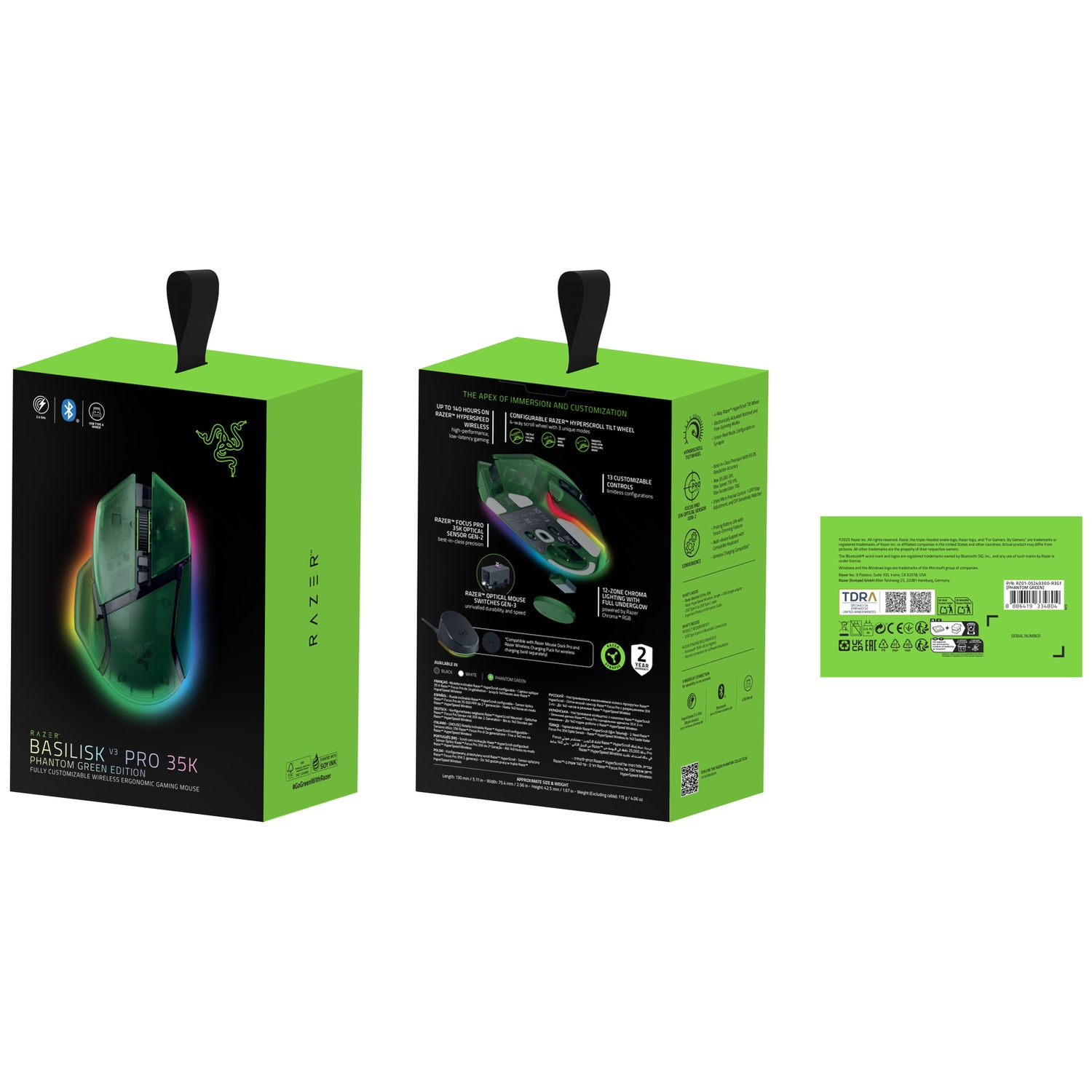 Een Razer gaming muis doos. Groene en zwarte doos met muisafbeelding en functies, waaronder draadloos en aanpasbaar.