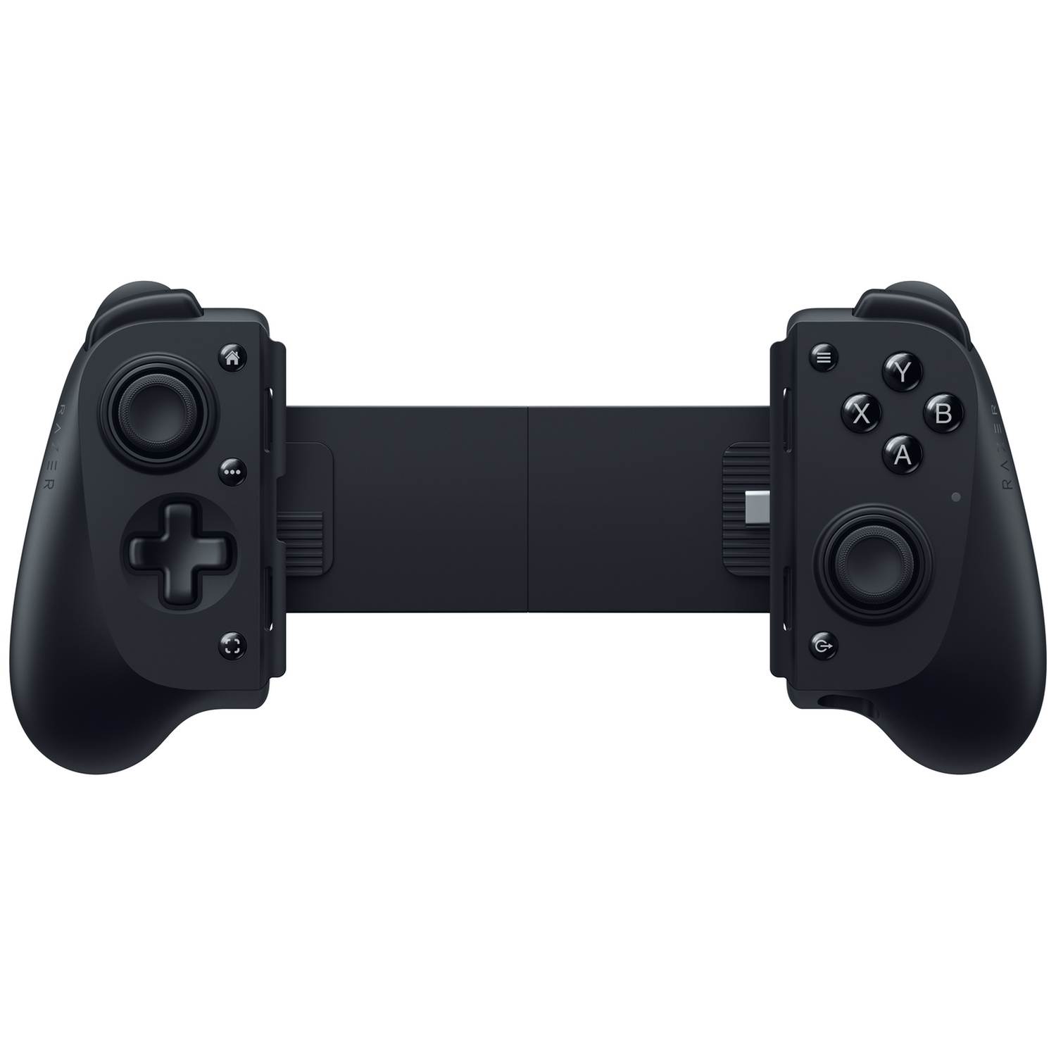 Een zwarte gamepad, ontworpen voor mobiel gamen, met knoppen, analoge sticks en een telefoongreep in het midden.