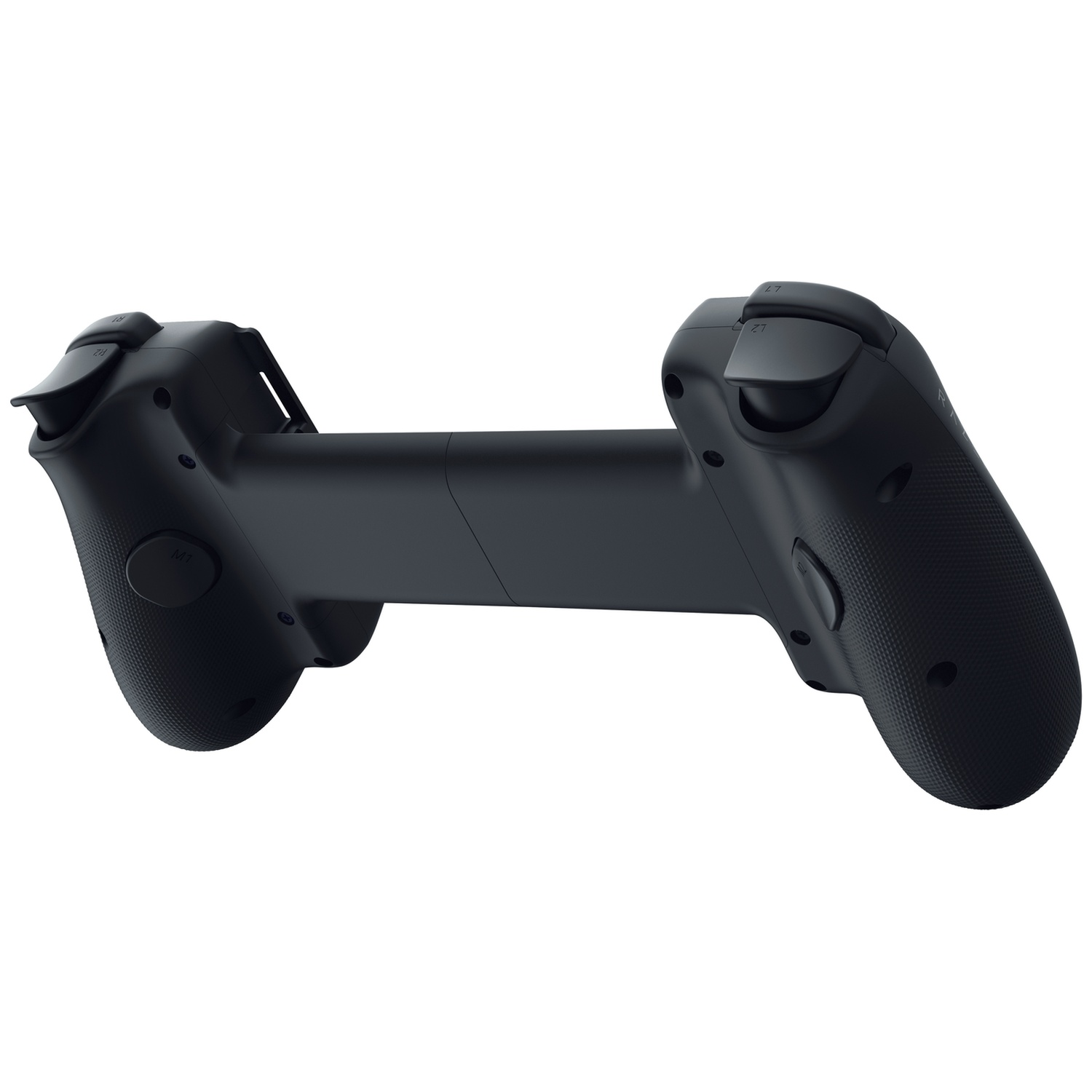 Een zwarte gamepad, van achteren gezien, ligt horizontaal. Het heeft knoppen en triggers. De achtergrond is wit.