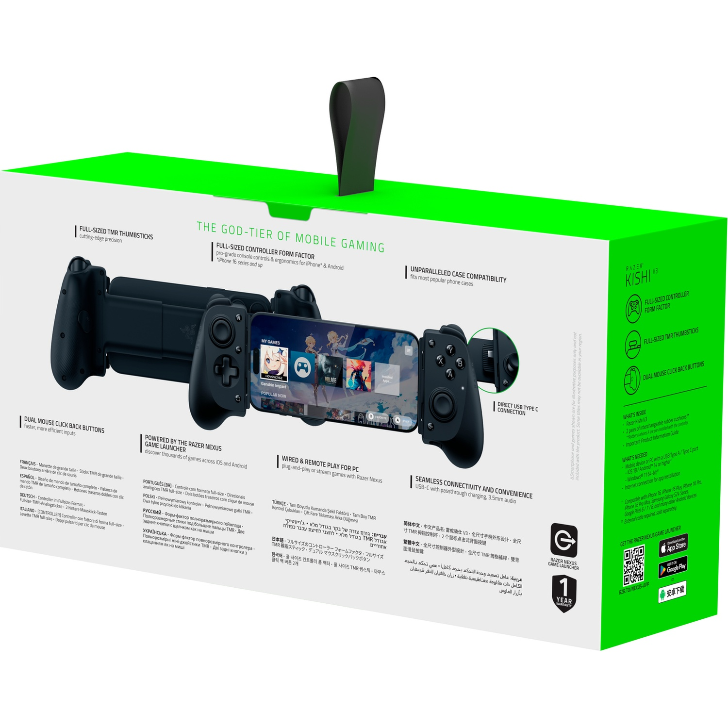 Een zwarte Razer Kishi V3 controller met een telefoon eraan, op een witte en groene doos.