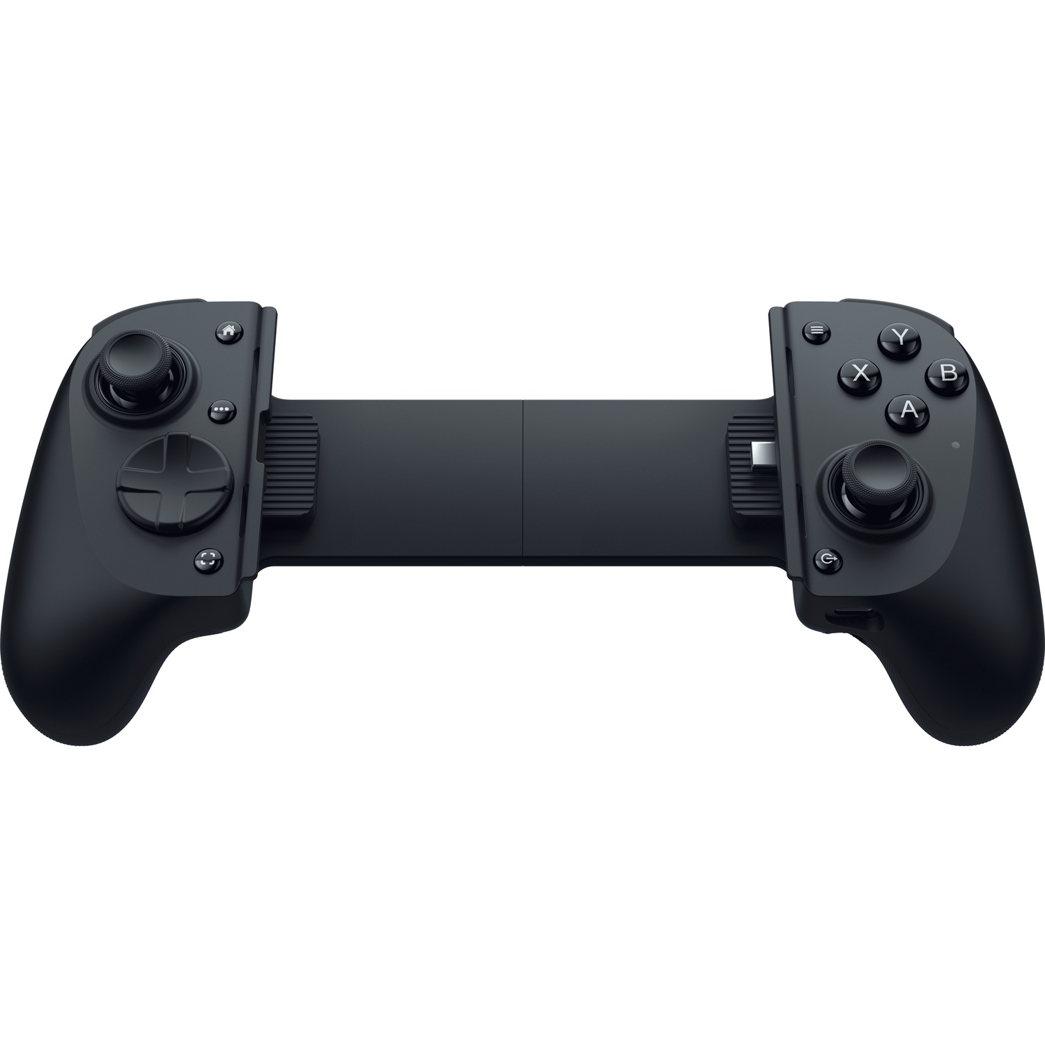 Black game controller, extended. Features buttons, directional pad, and joysticks. Designed for mobile gaming. Isolated on white background.