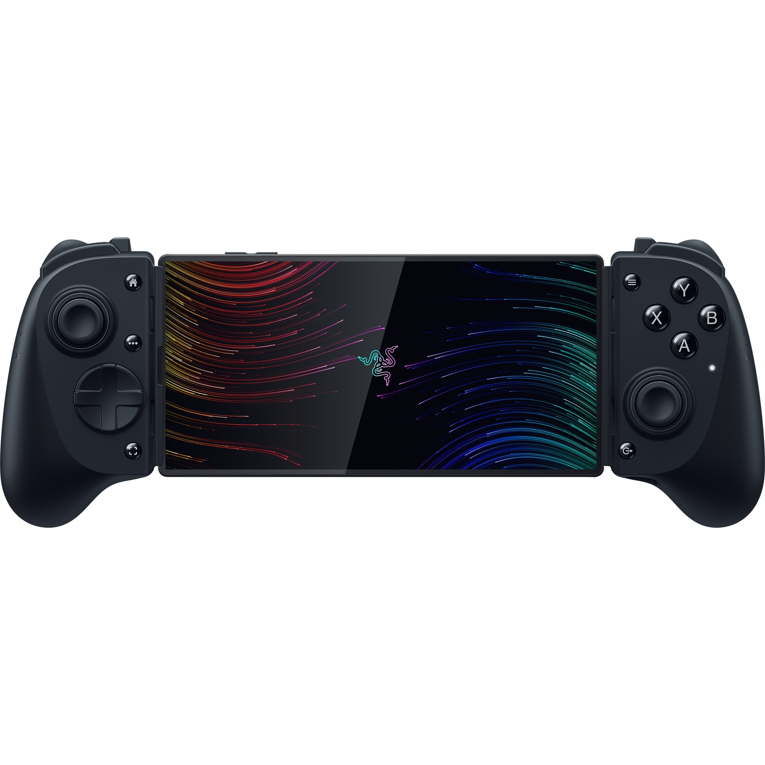 A black Razer gaming controller with a screen in the middle. The screen displays colorful lines. Buttons are on both sides.