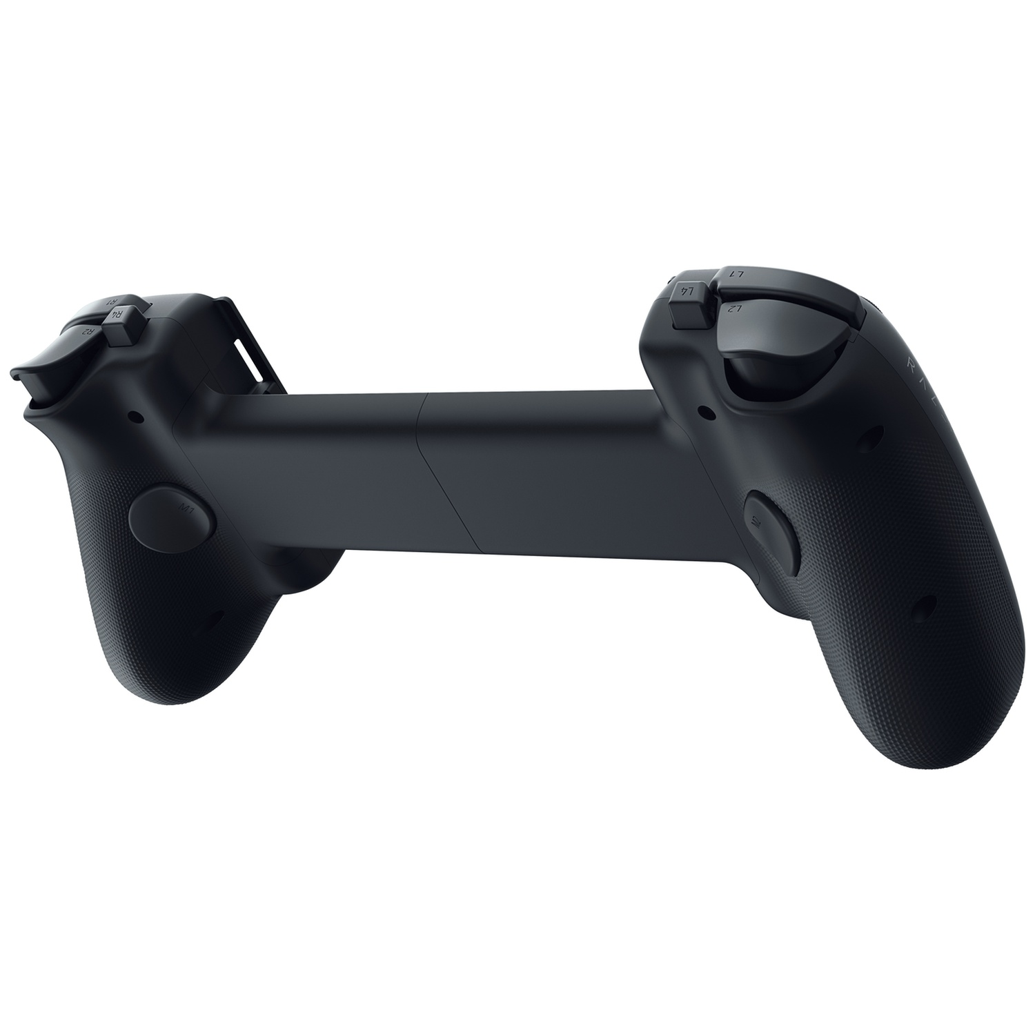 A black gamepad, angled. It has buttons and triggers. The background is plain white.