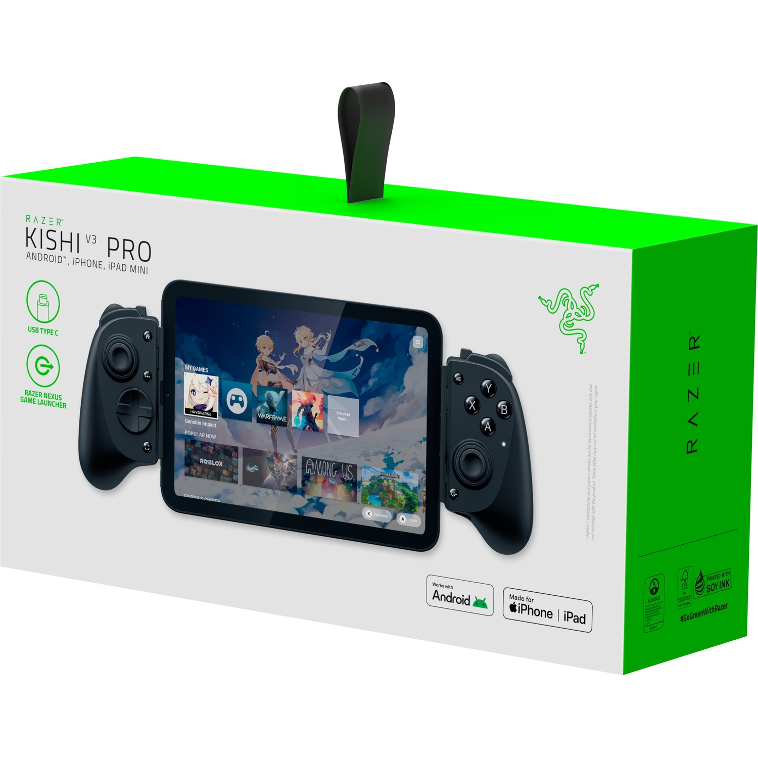 Razer Kishi V3 Pro game controller for Android, iPhone, and iPad. The box is white and green, with the controller and a tablet inside.
