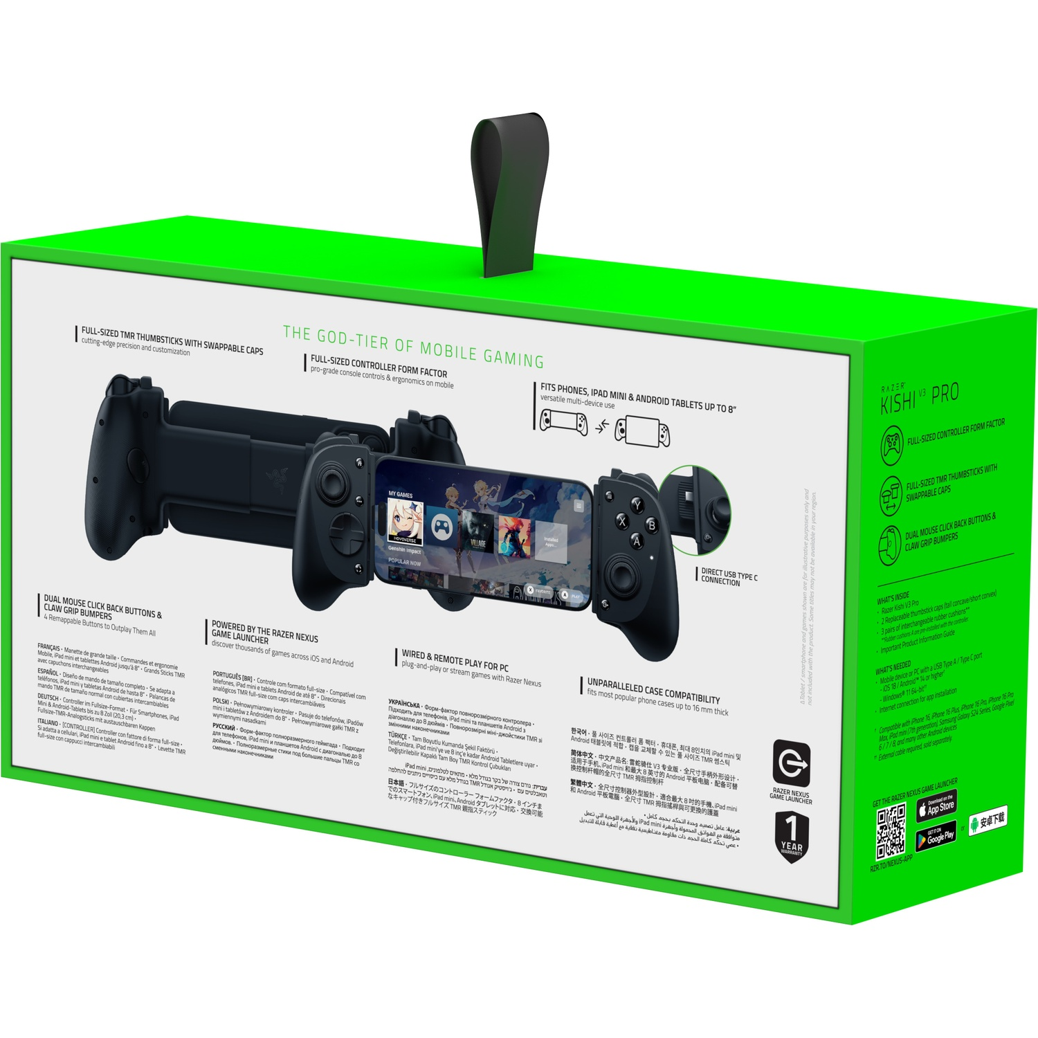 Black Razer Kishi V3 Pro controller box. Shows controller, phone, and features.