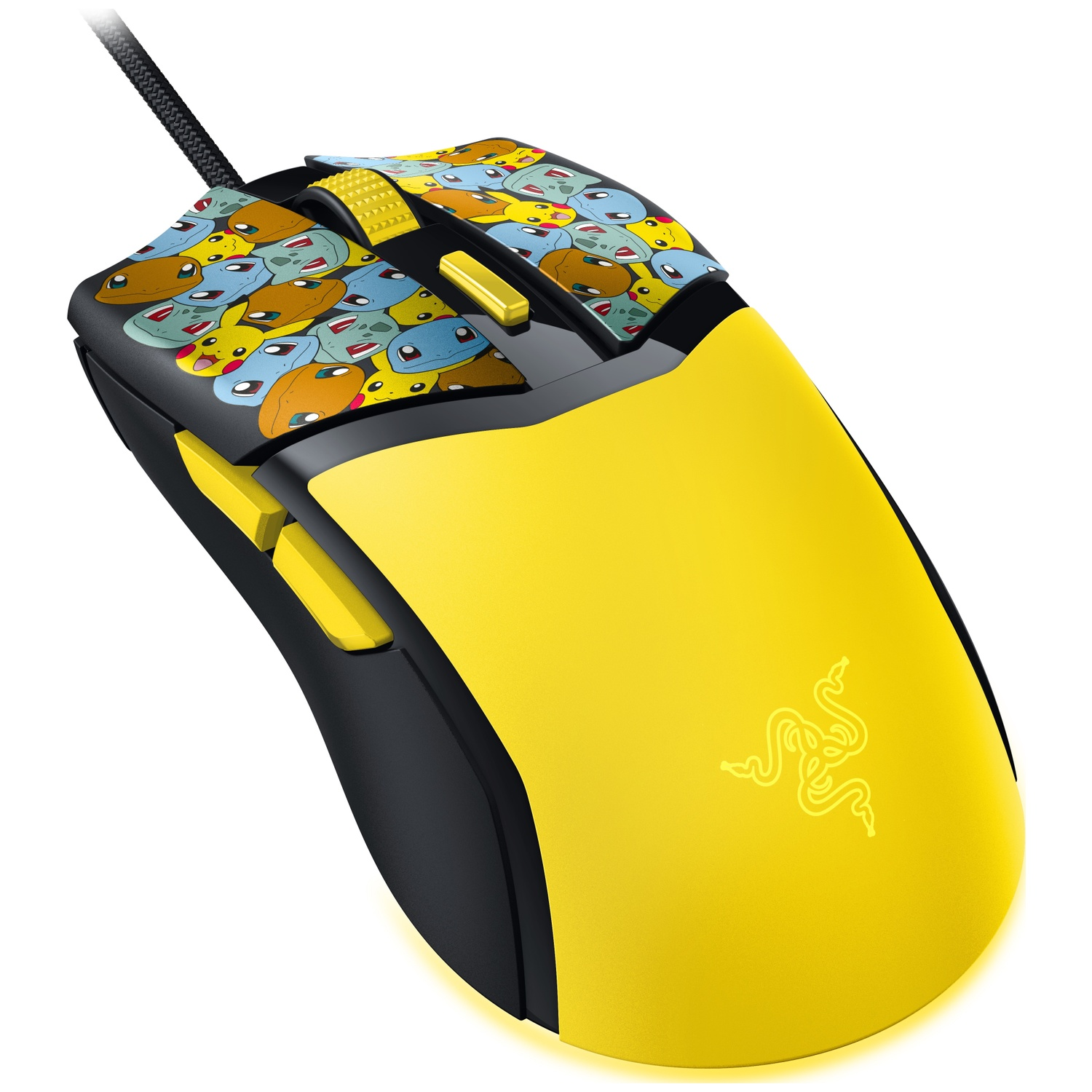 A Razer gaming mouse. It's yellow and black, with a Pokemon design on top. A Razer logo is on the side.