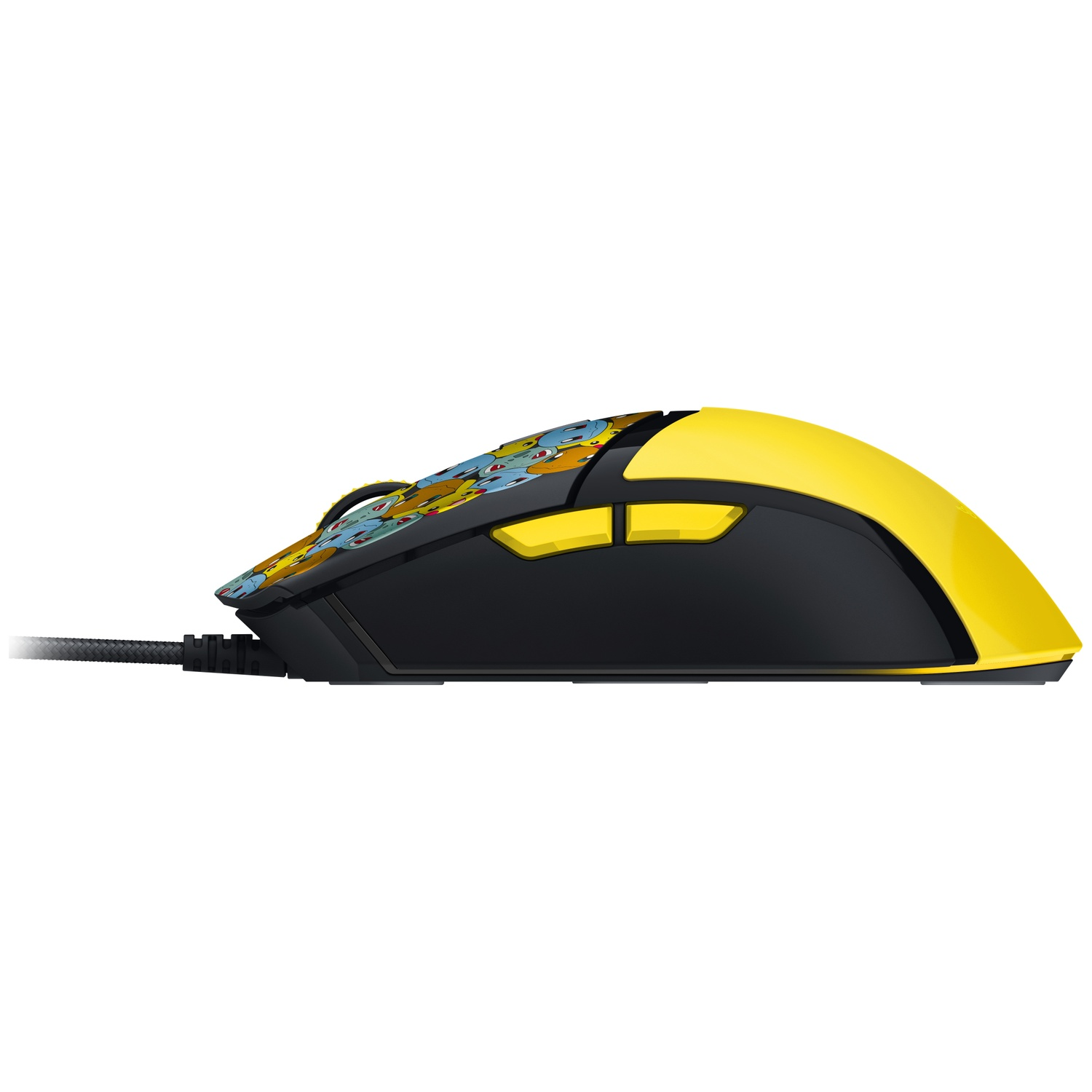 A yellow and black computer mouse. It has a patterned top with cartoon characters. The mouse is on a white background.