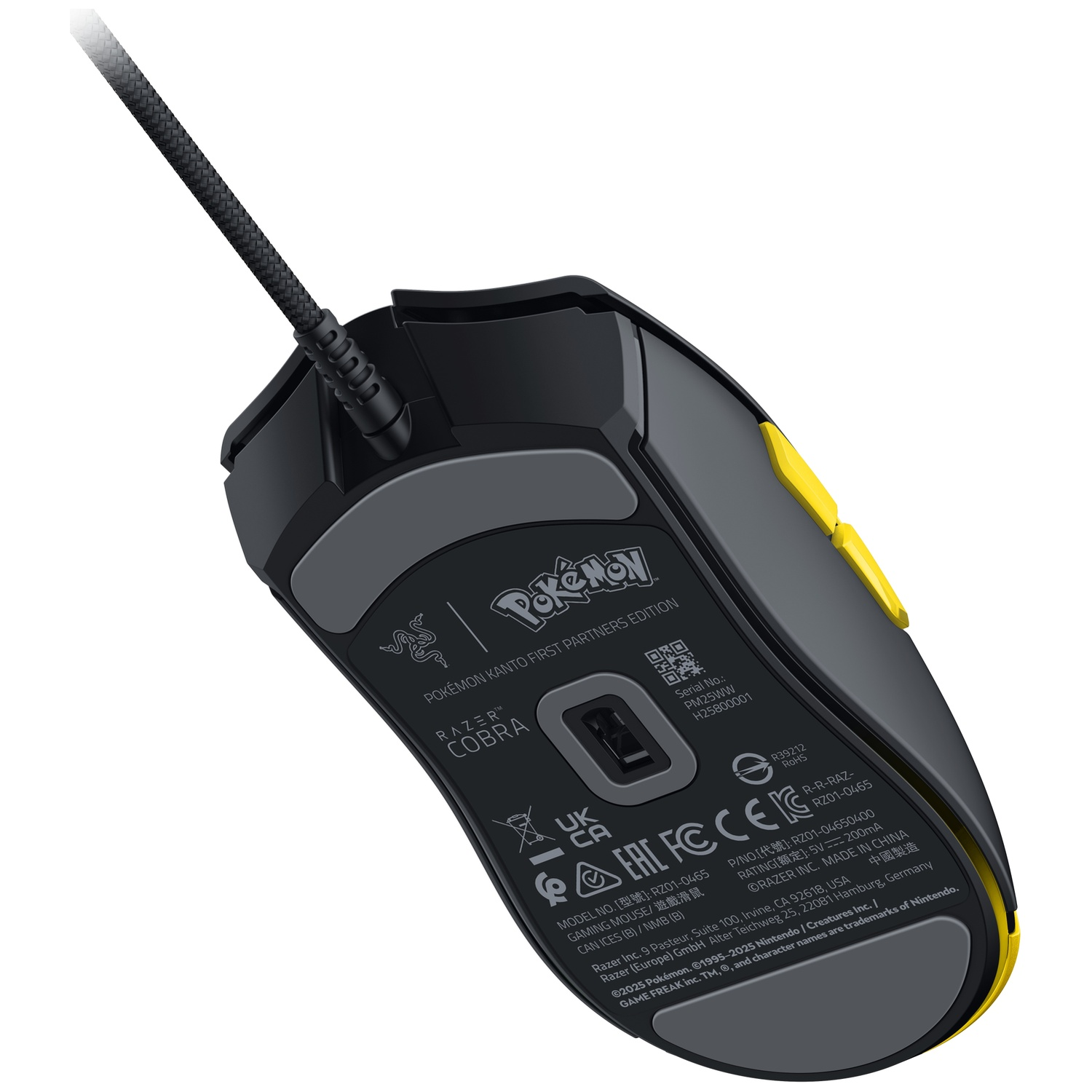 A black and gray Razer Cobra gaming mouse with yellow accents and a Pokémon theme, connected to a black braided cable.