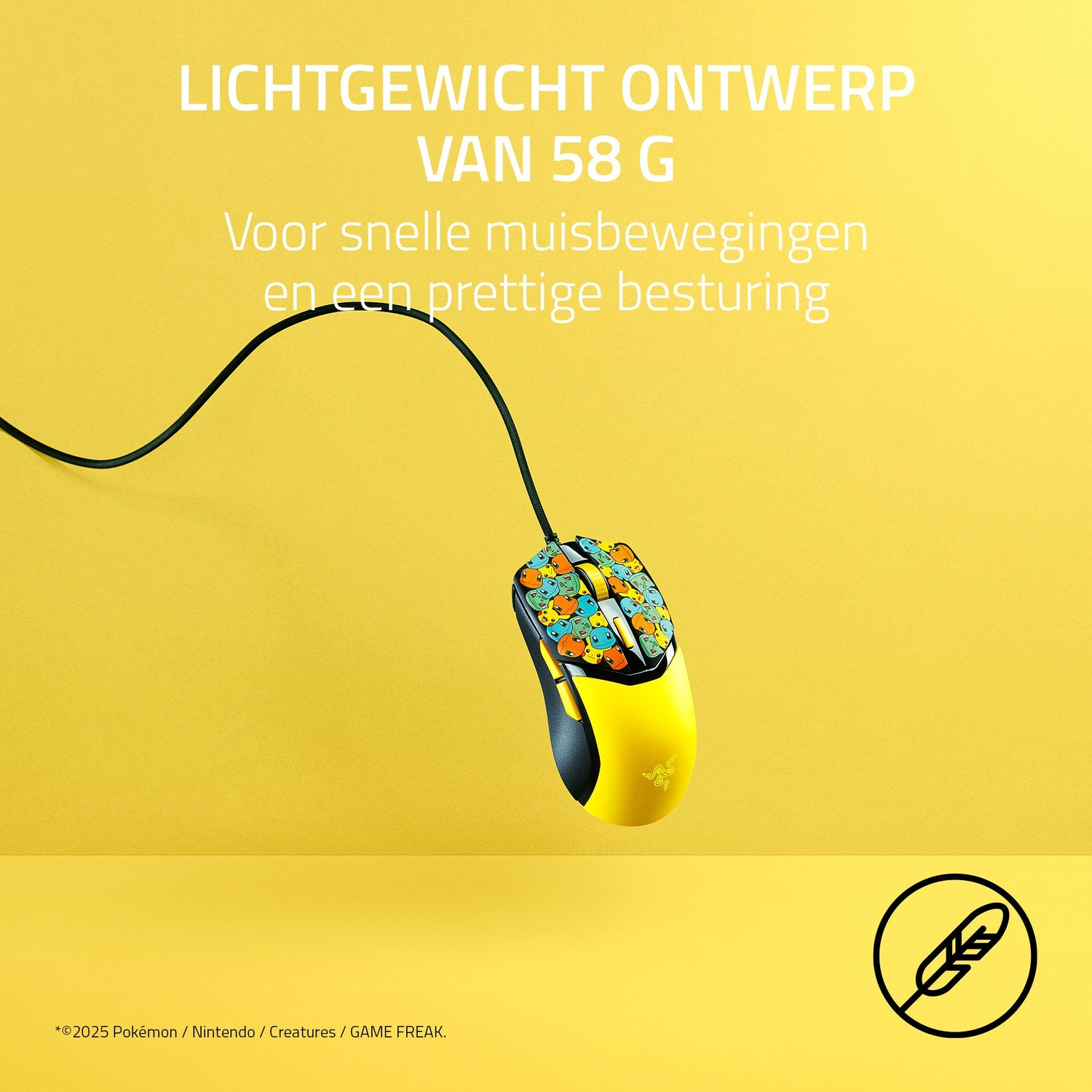 Yellow and black mouse with Pokemon design on yellow background. Text: Lightweight design, 58g. Feather logo.
