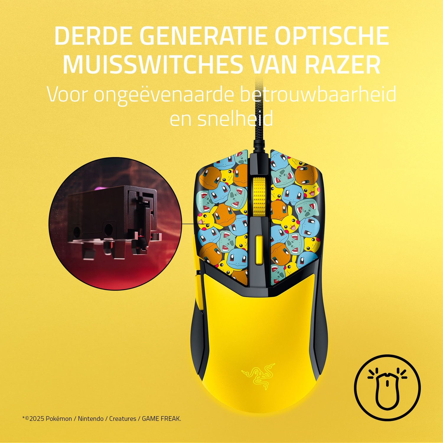 Yellow Razer mouse with a Pokemon design. Features a close-up of the internal switch. Text in Dutch.