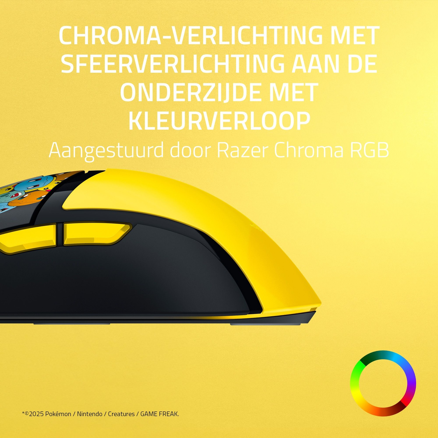 A yellow and black mouse with a Pokemon design. Text in Dutch says 'Chroma lighting' and 'Razer Chroma RGB'.