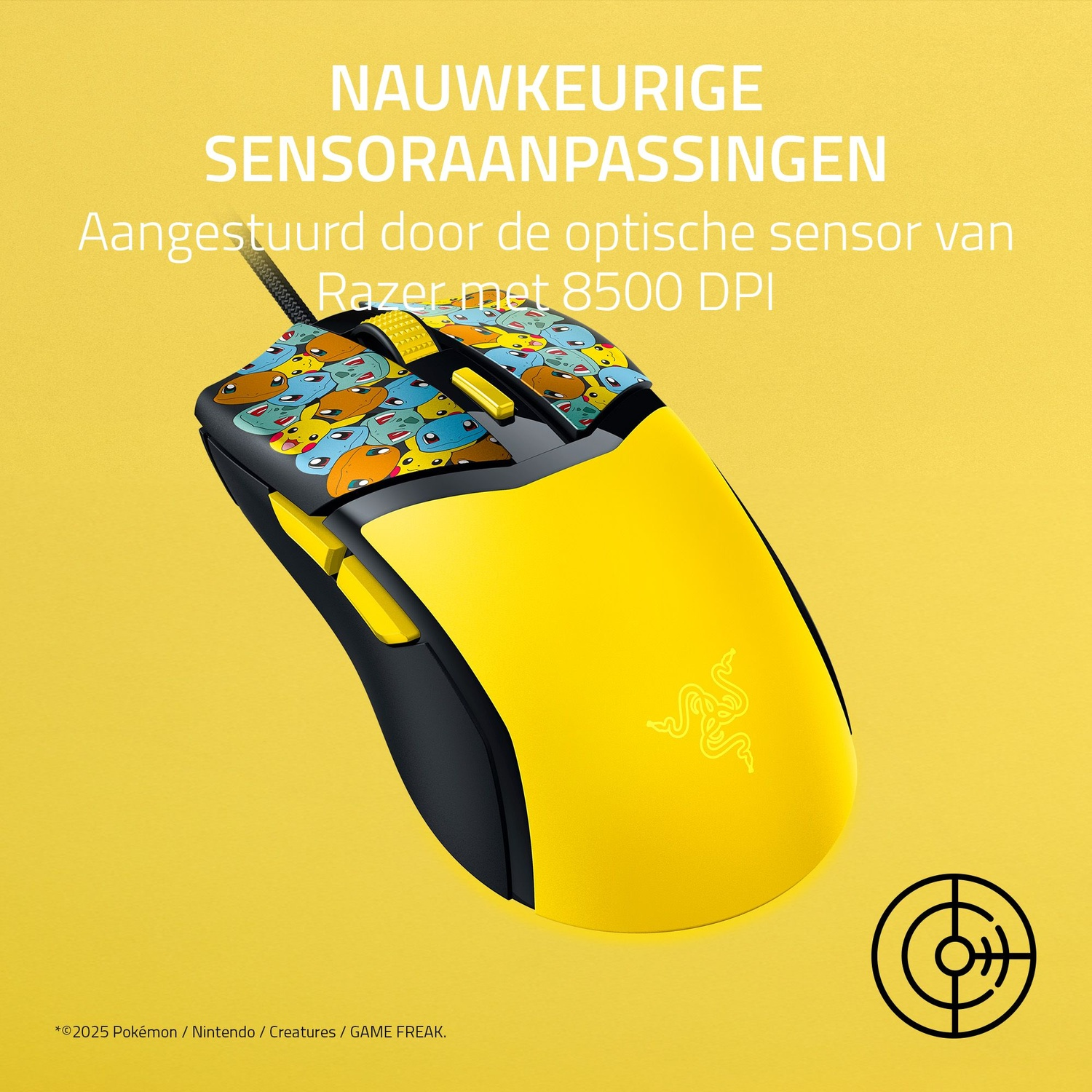 A yellow and black Razer mouse with Pokemon characters is on a yellow background. The mouse features a yellow Razer logo.