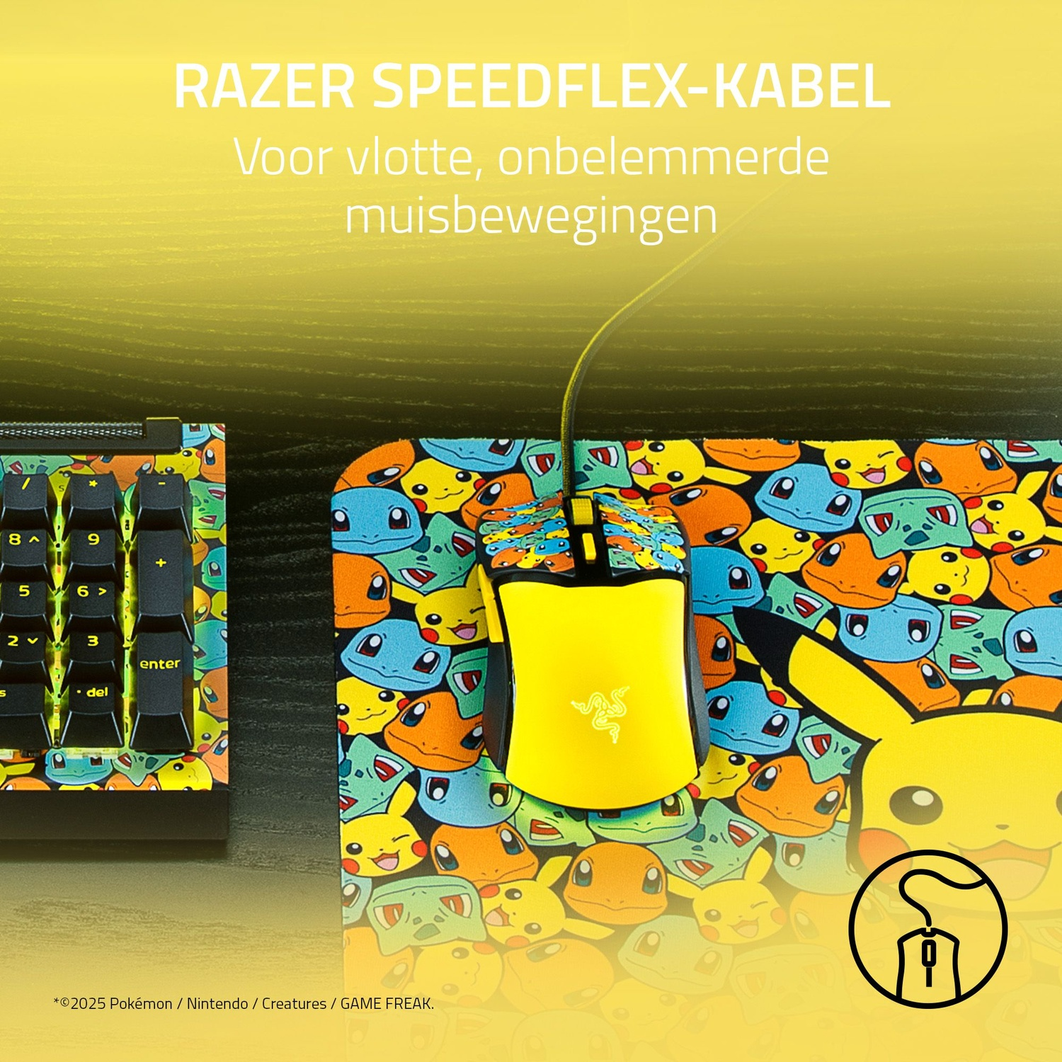 A yellow Razer mouse on a mousepad with Pokemon characters. A keyboard is on the left. Text above says Razer Speedflex Kabel.