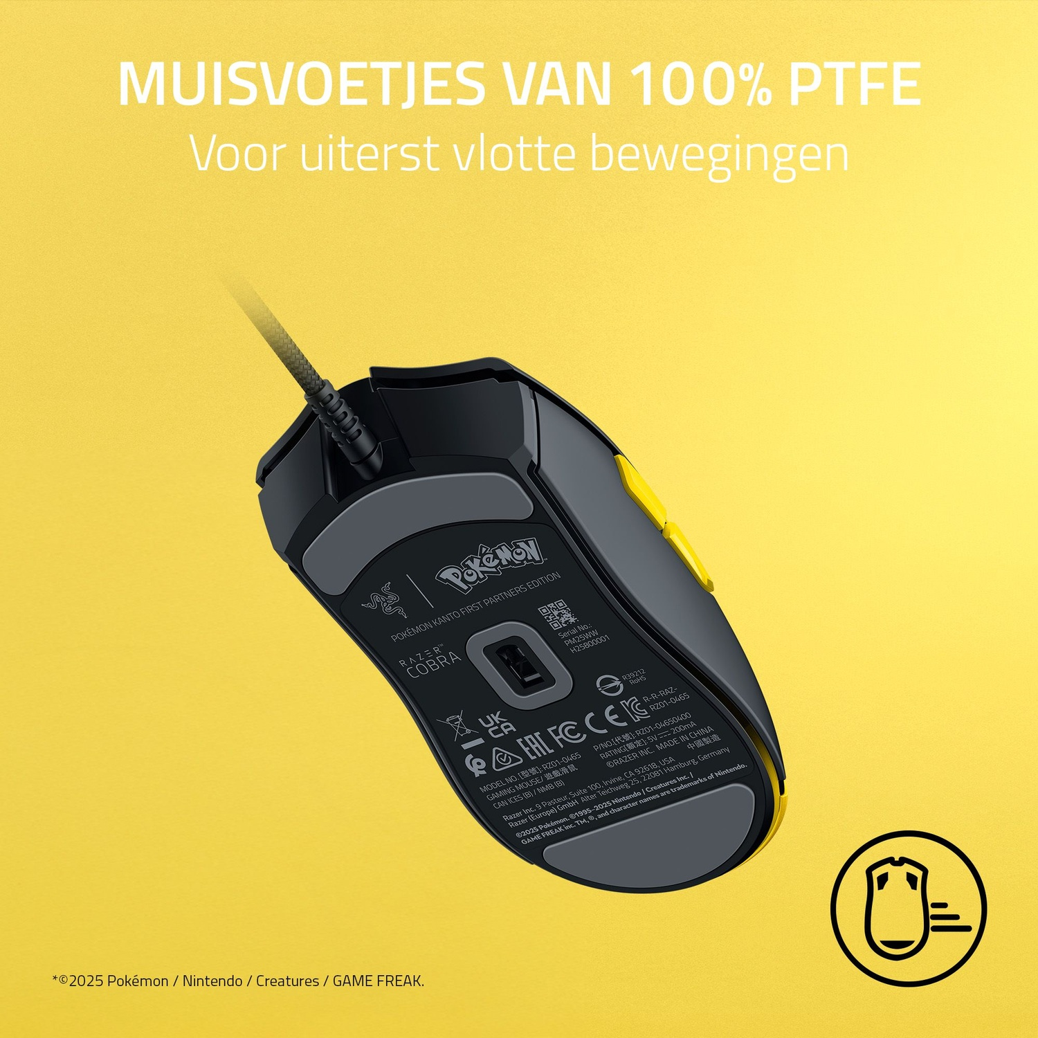 Black and yellow Razer Cobra Pokemon mouse on a yellow background, with text in Dutch.