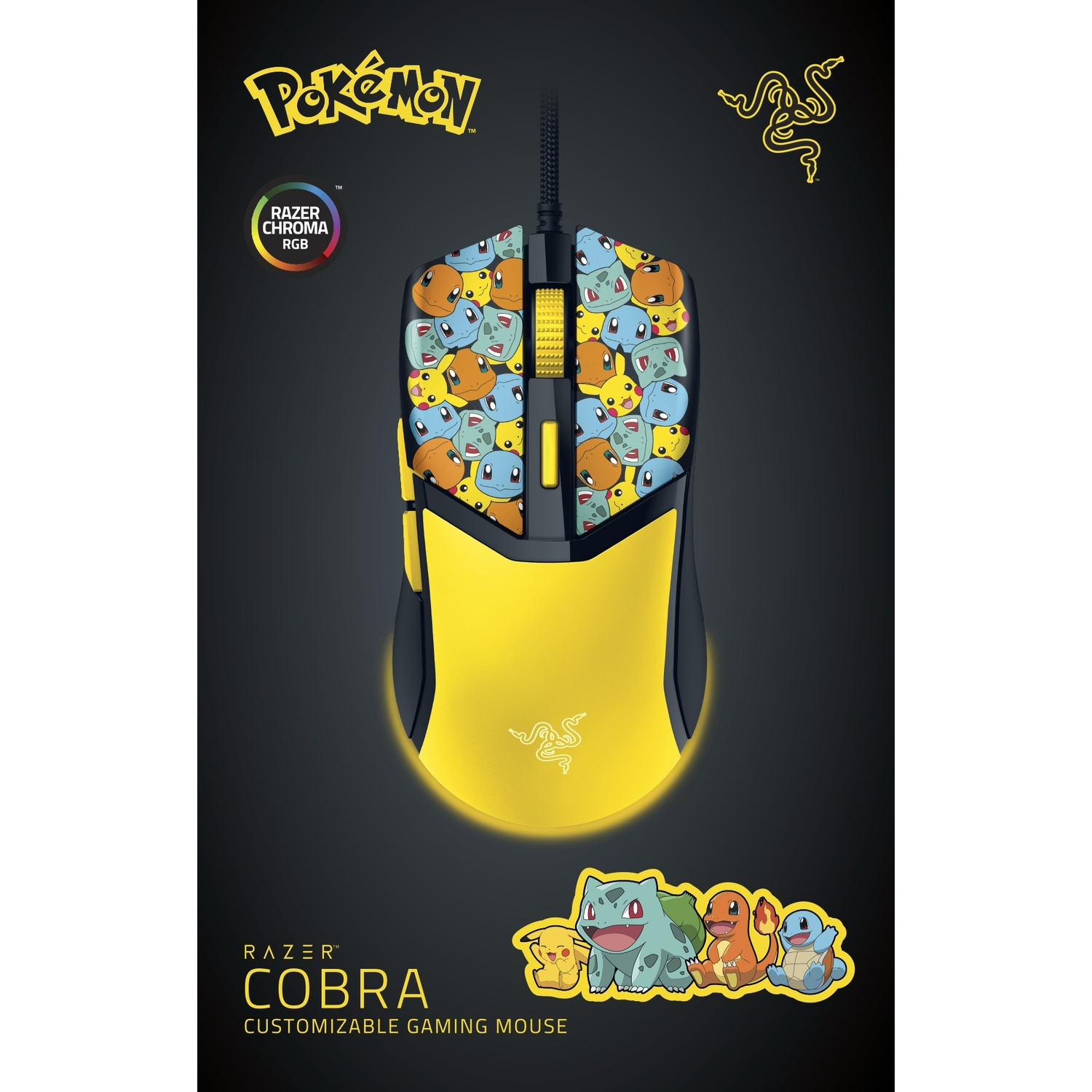 A Razer Cobra gaming mouse with Pokemon characters. It has a black body with yellow accents. The top is covered with Pokemon characters.