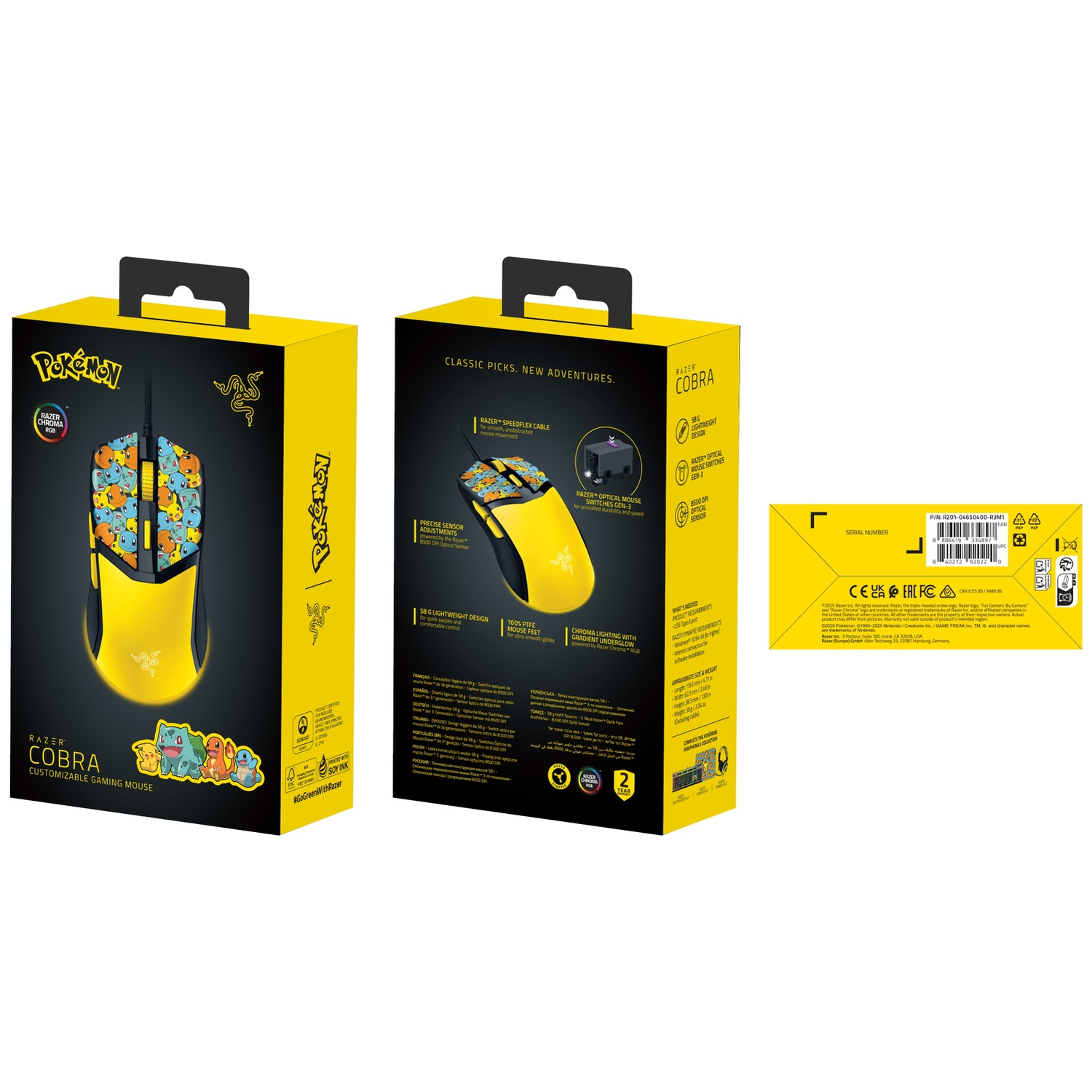 A yellow Razer Cobra gaming mouse box featuring Pokemon characters and product details.