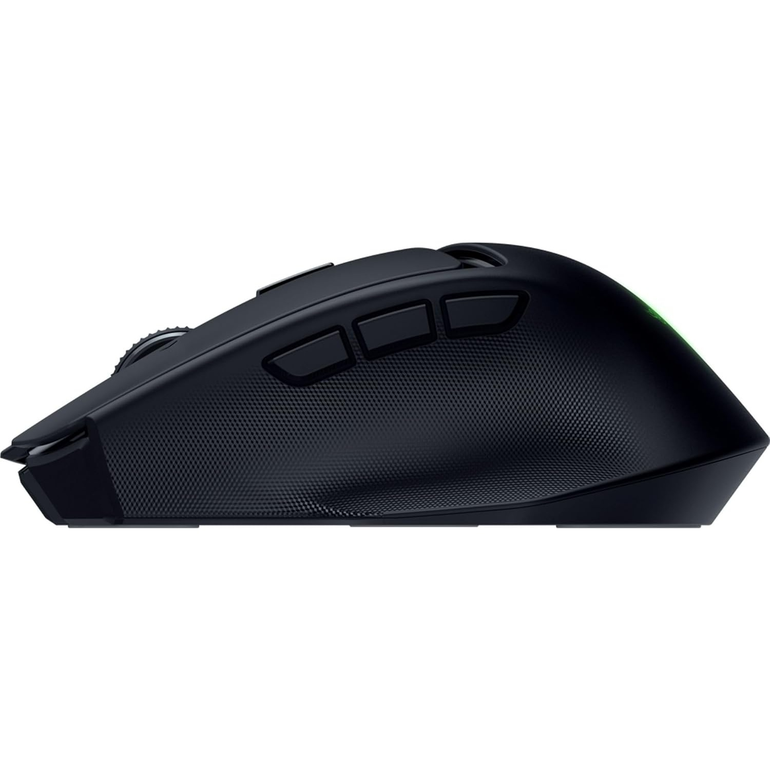 A black gaming mouse with multiple buttons and a scroll wheel, side view, on a white background.