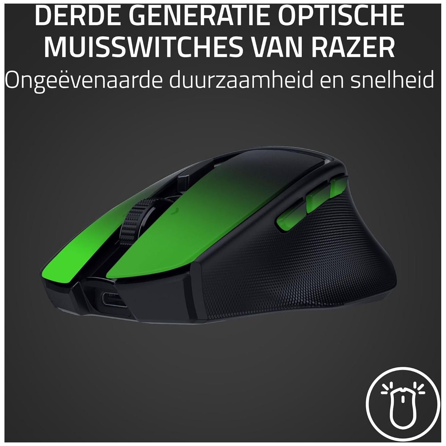 A Razer mouse with green accents. The mouse is black with a green top. Text at the top says Razer.