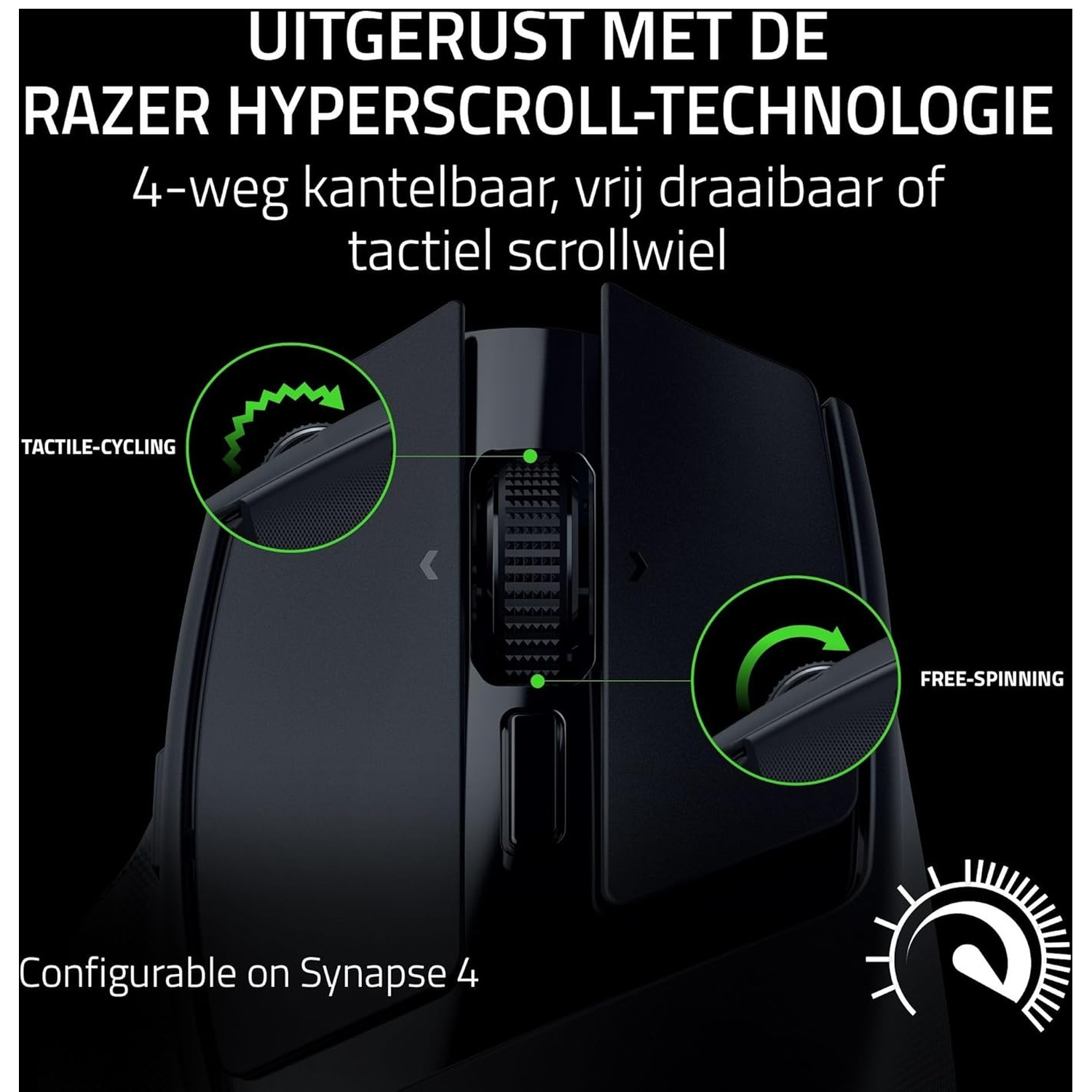 Black Razer mouse with green accents. Features include tactile cycling and free spinning scroll wheel. Configurable on Synapse 4.