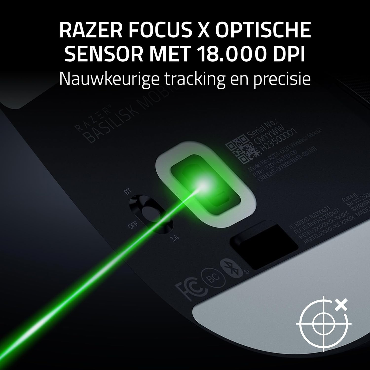 A Razer gaming mouse with a green laser beam emitting from its optical sensor, showing precise tracking.