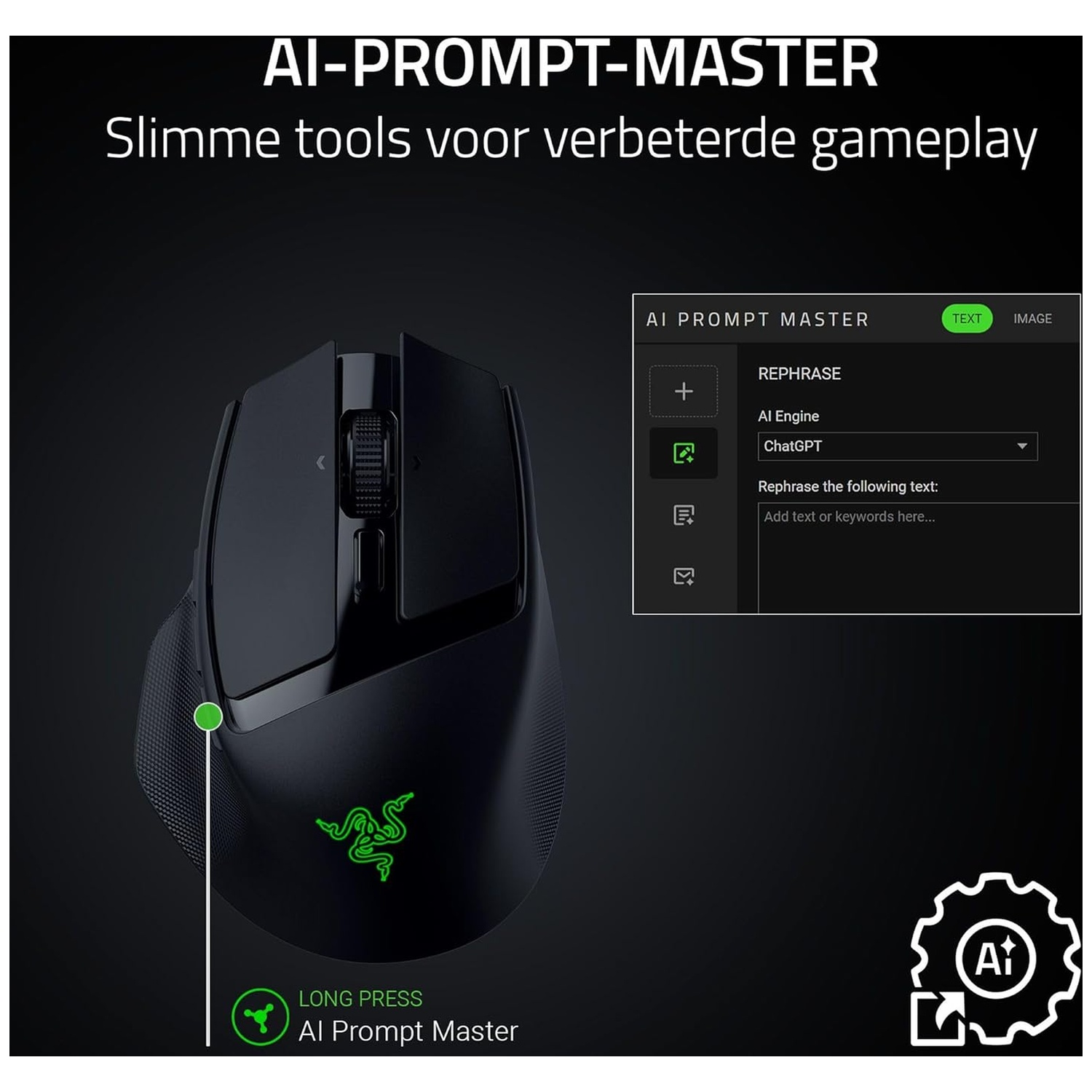 Black gaming mouse with green logo. Text says AI Prompt Master. UI with ChatGPT option is on the right.