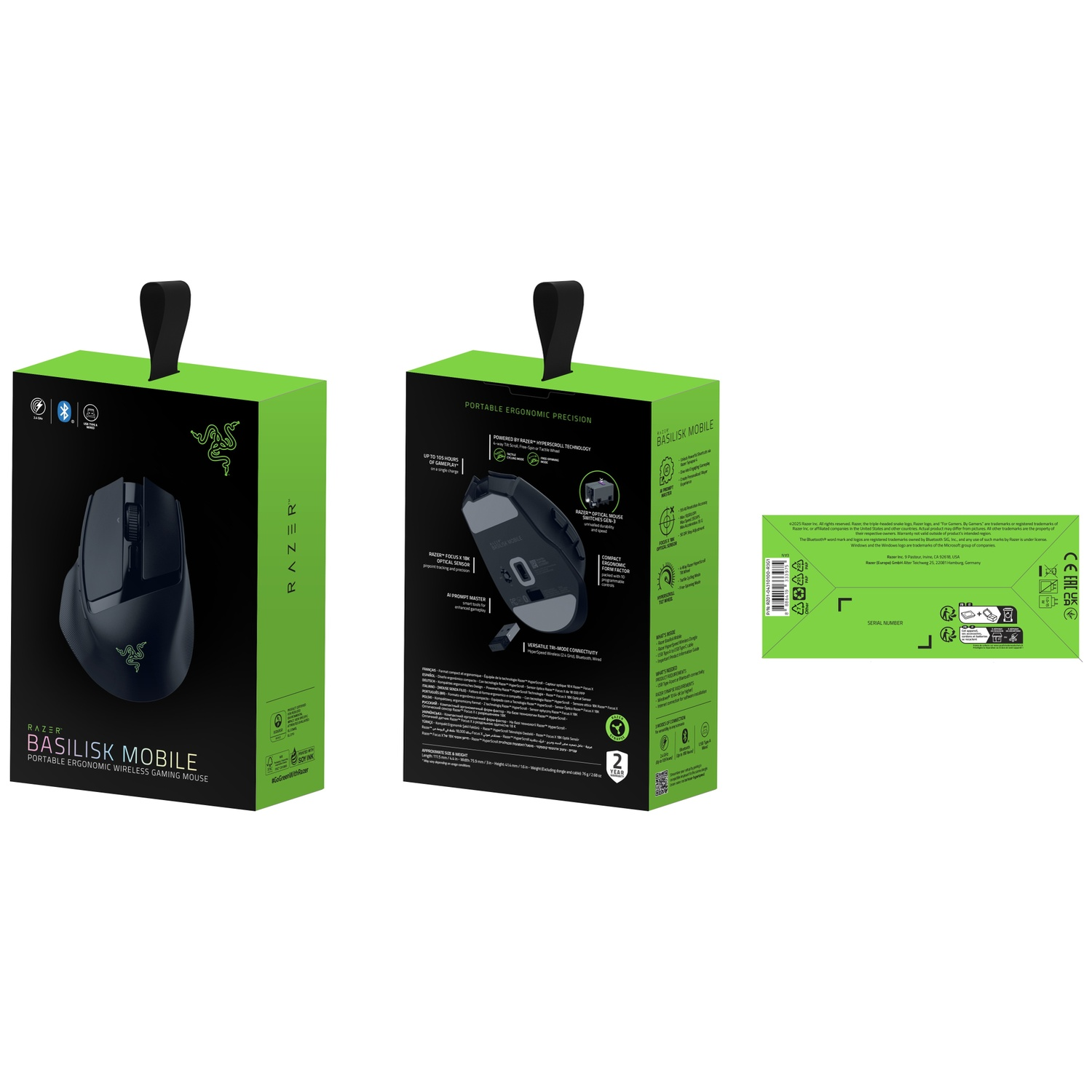 A black Razer Basilisk Mobile gaming mouse box with green accents. Features and specifications are displayed.