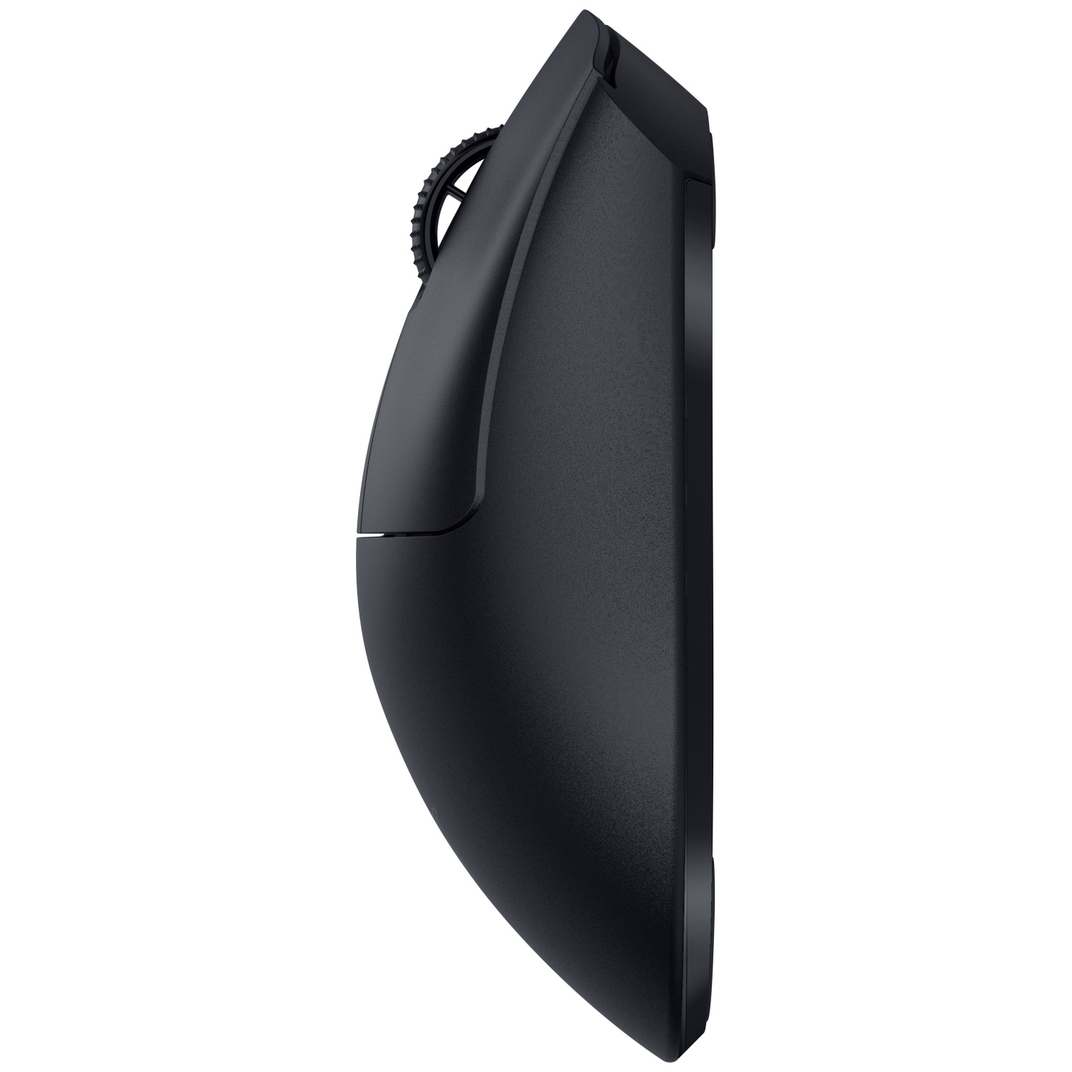 Une souris d'ordinateur noire est montrée de côté. La souris a une molette de défilement et un design ergonomique, sur fond blanc.