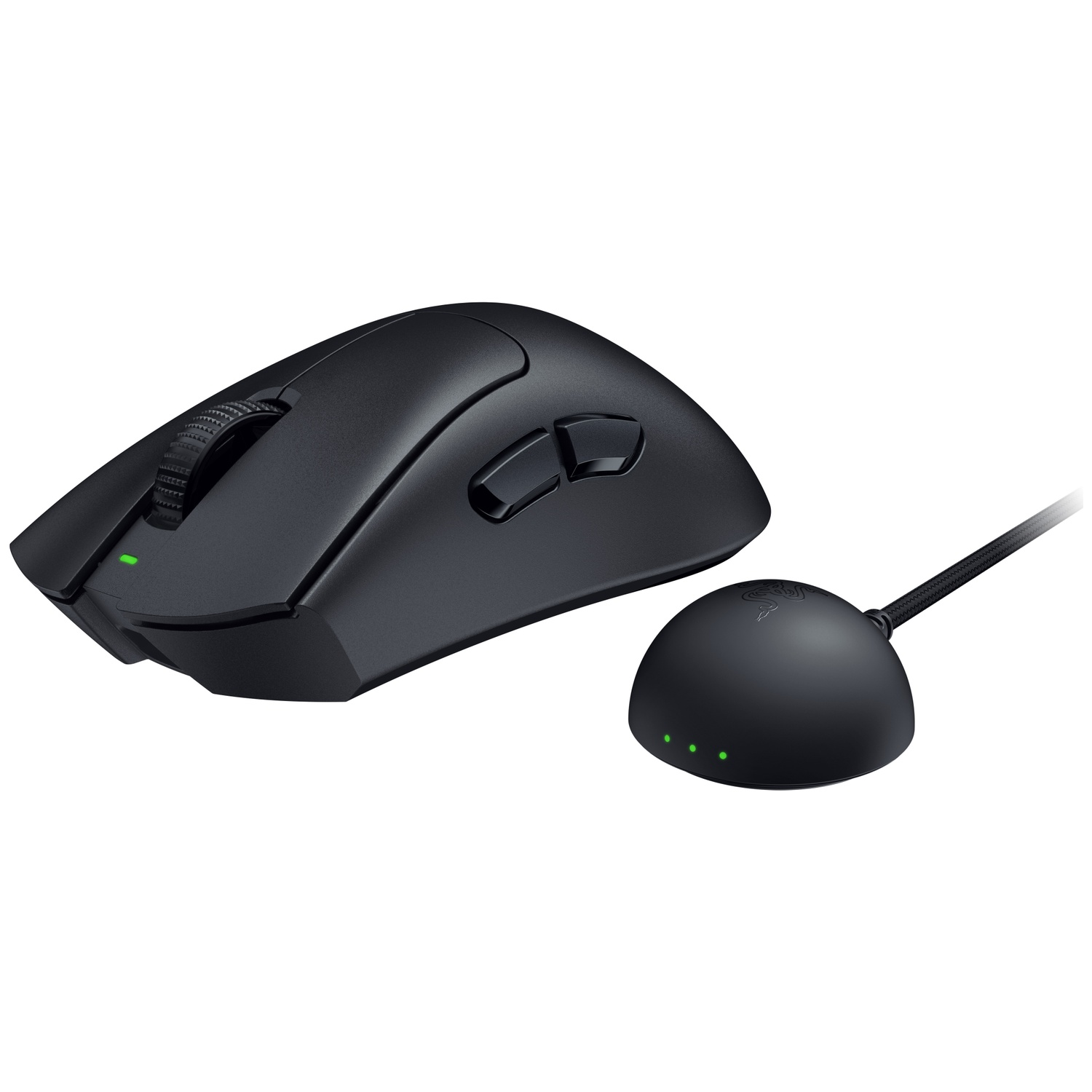 Souris d'ordinateur sans fil noire avec une base de chargement. La souris a des boutons et une molette de défilement. La base a des voyants verts.