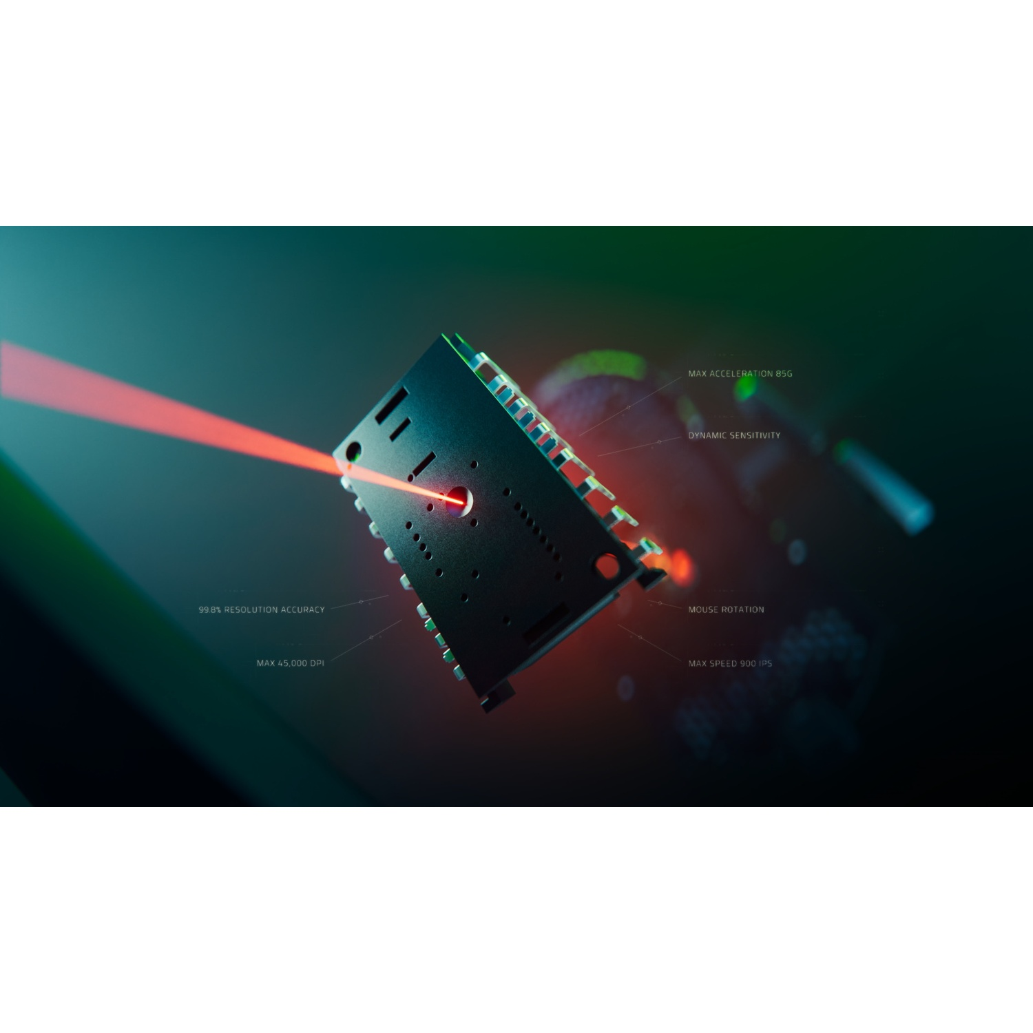 Un circuit imprimé noir émet un faisceau laser rouge. Le texte sur l'image comprend la résolution, DPI, l'accélération, la sensibilité dynamique et la vitesse.