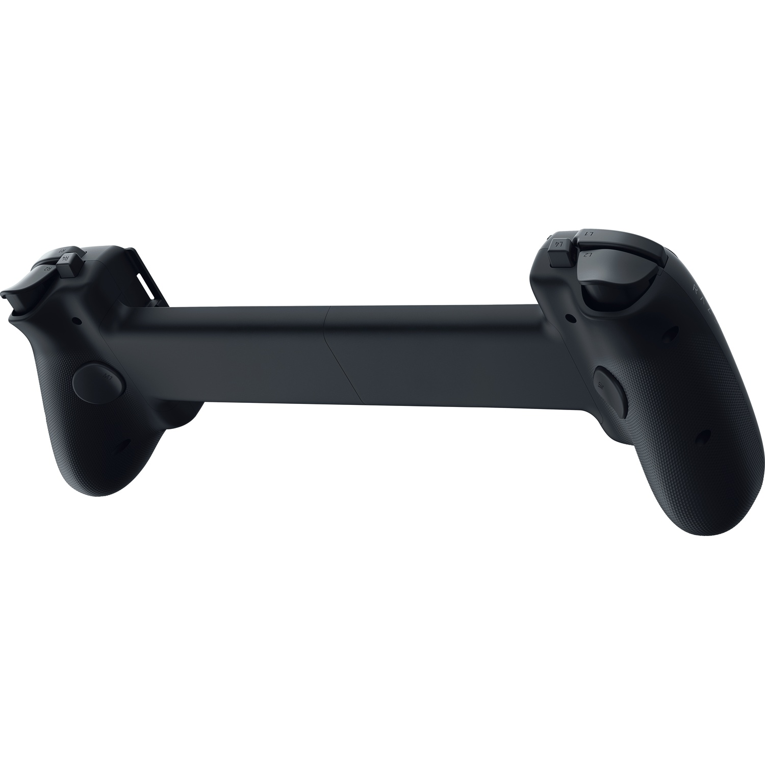 Een zwarte gamepad-controller, ontworpen om aan een telefoon te bevestigen. Het heeft knoppen en handgrepen aan beide zijden, met een brug in het midden.