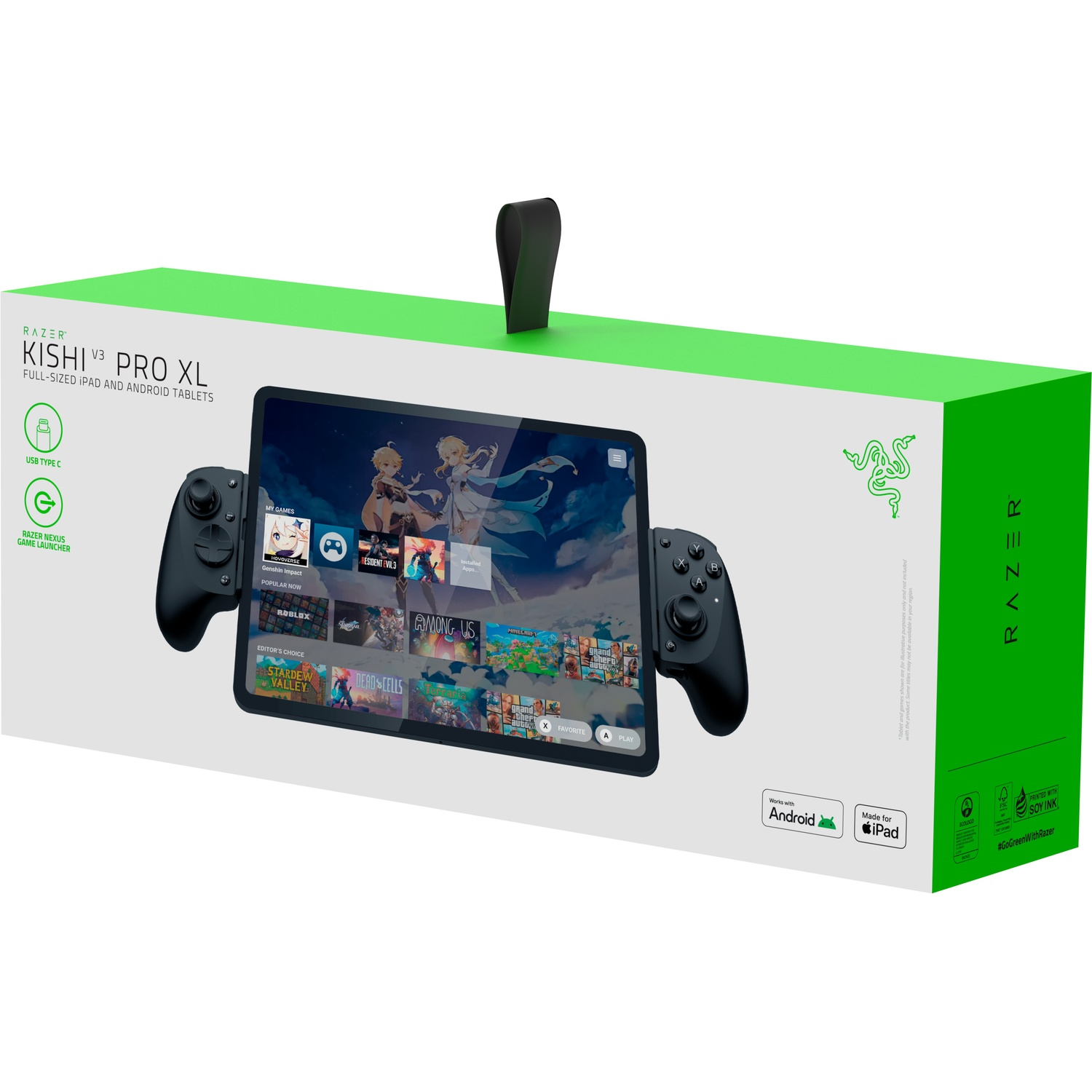 Een Razer Kishi V3 Pro XL gamecontroller voor tablets staat tentoongesteld. De doos is groen en wit en toont het product en de functies.