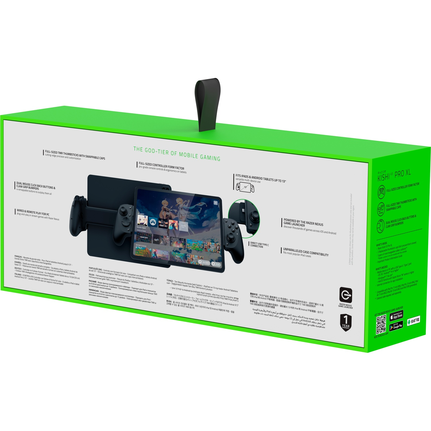 Zwarte gamecontroller bevestigd aan tablet, groene verpakking, productdetails.