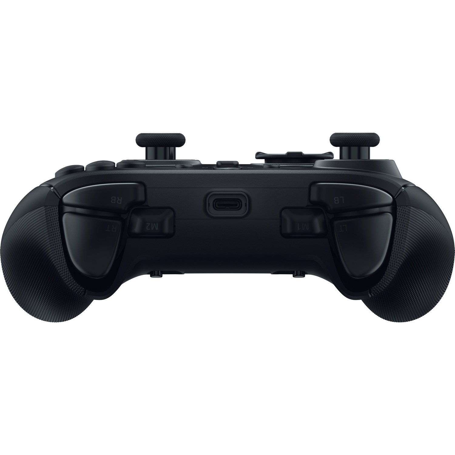 A black gamepad, seen from above. It has buttons, analog sticks, and a USB-C port. The background is white.