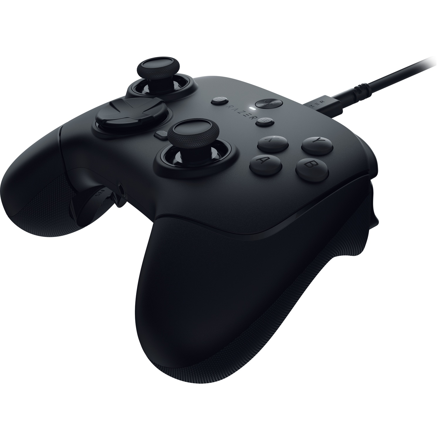 A black Razer gaming controller with buttons, joysticks, and a connected USB cable. The controller is set against a white background.