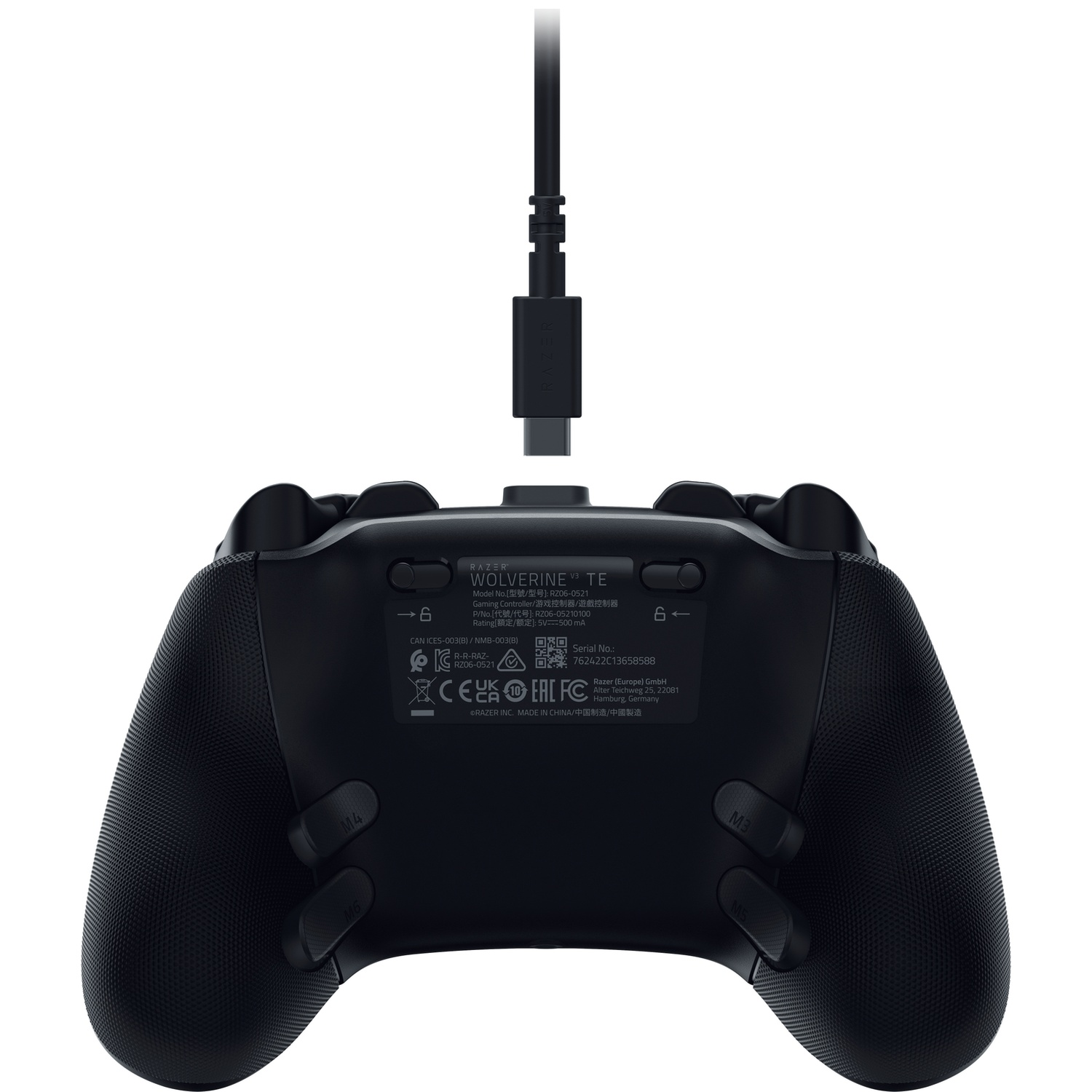 Black Razer Wolverine TE controller with a USB cable plugged in. Buttons M3, M4, M5, M6 are visible. The background is white.