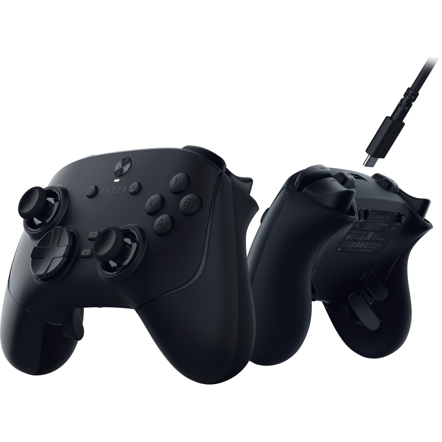 Black Razer Wolverine TE controller. Two controllers, one with a cable. Buttons include A, B, X, Y, and a directional pad.