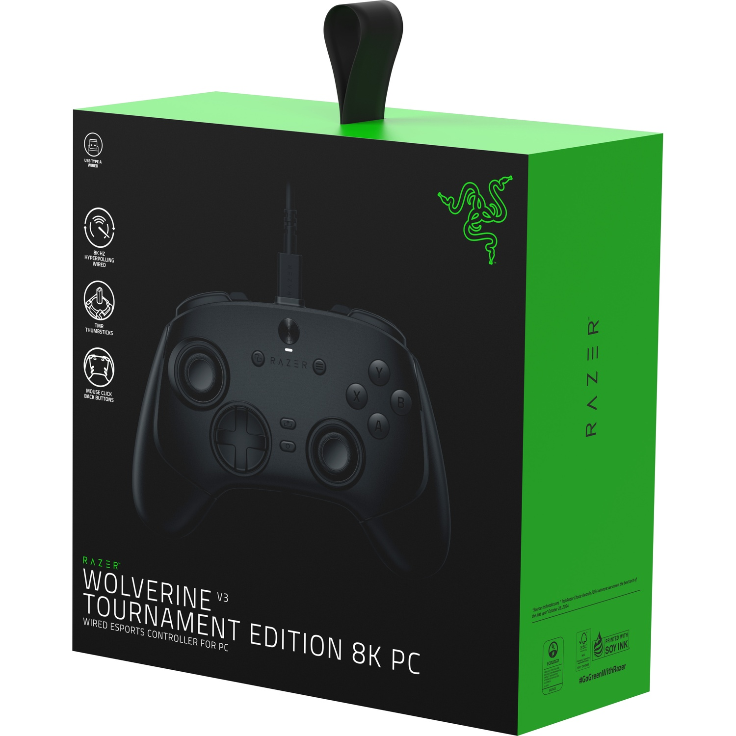Black Razer Wolverine Tournament Edition controller box. It's green and black with the Razer logo and product details.