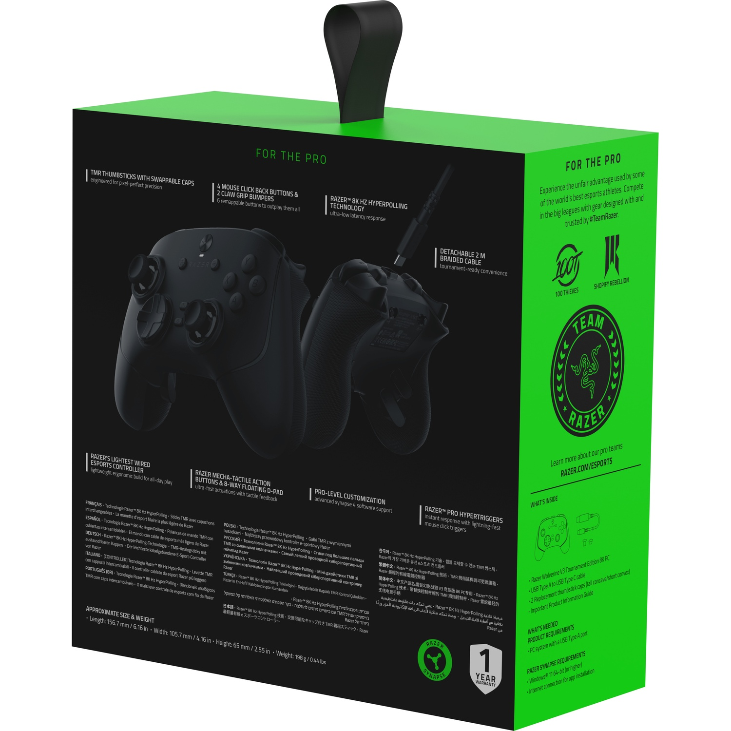 Black Razer game controller box with product details and features.