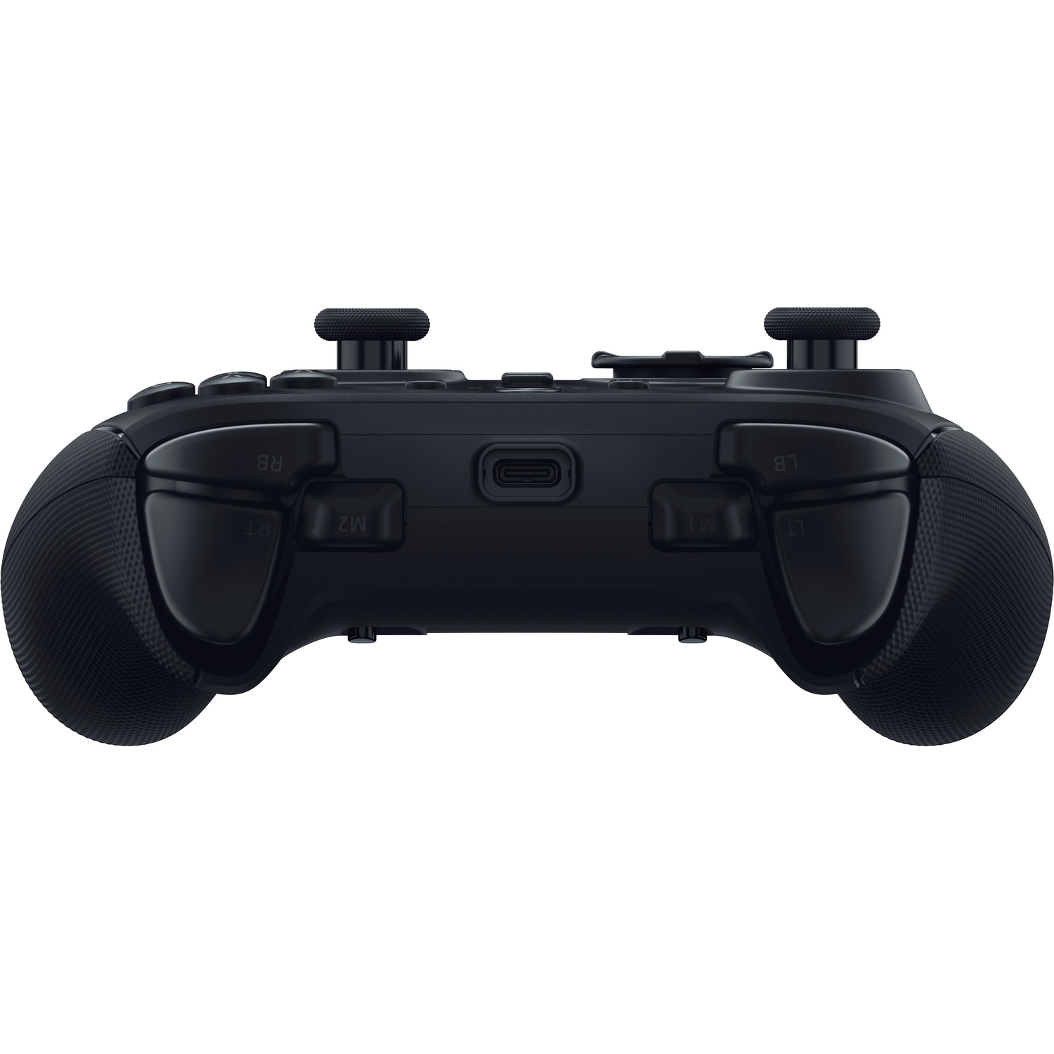 A black gamepad, seen from the front. It has buttons, analog sticks, and grips. The background is white.