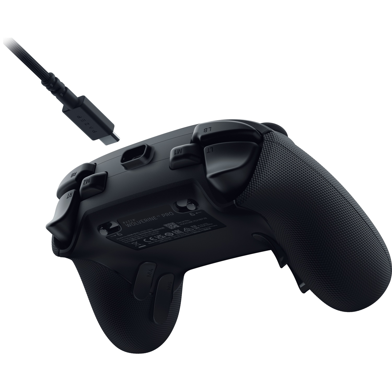 A black Razer Wolverine Pro controller with a USB-C cable and buttons. The controller is angled, with a white background.